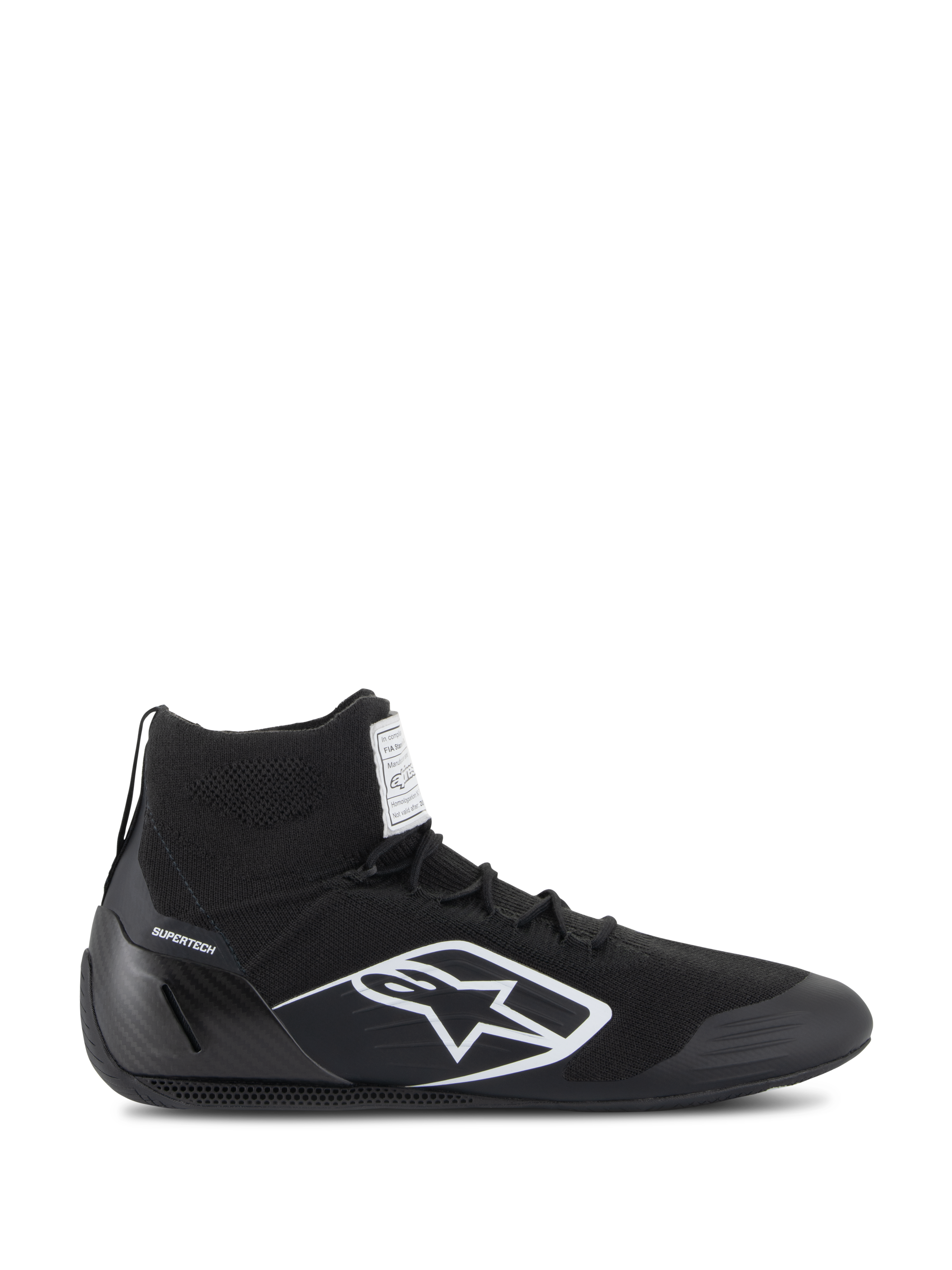 Zapatos Alpinestars Supertech, calzado de carreras de autos certificado por la FIA/SFI, negros con logo de la estrella de Alpinestars en blanco, diseño de caña alta con parte superior tejida y copa del talón de fibra de carbono, calzado profesional para automovilismo