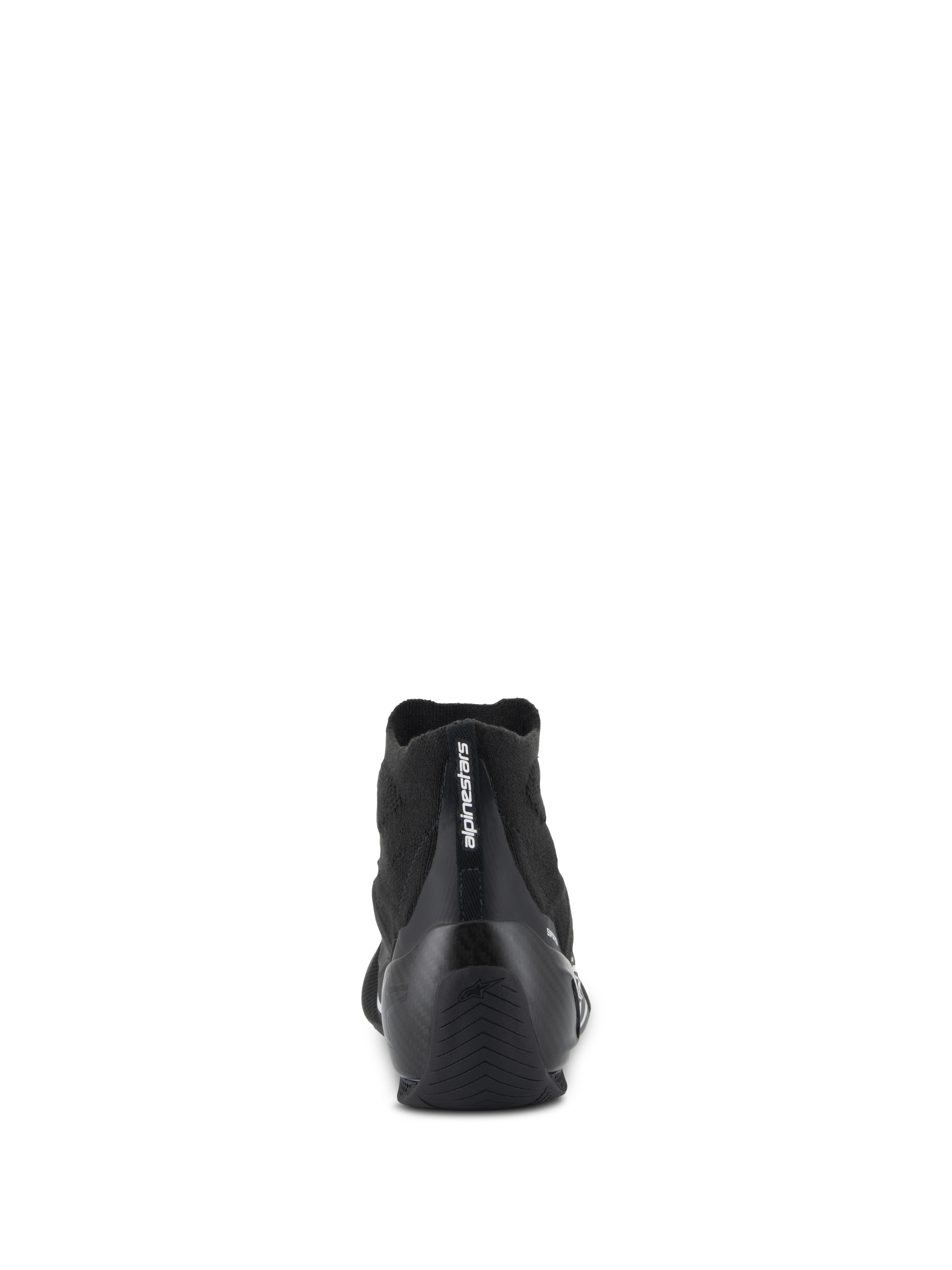 Alpinestars Supertech Shoes - FIA/SFI, zapatos de carreras de automovilismo, negro, vista posterior con copa del talón de fibra de carbono y parte superior de tejido, marca Alpinestars vertical en el talón, equipo profesional de automovilismo