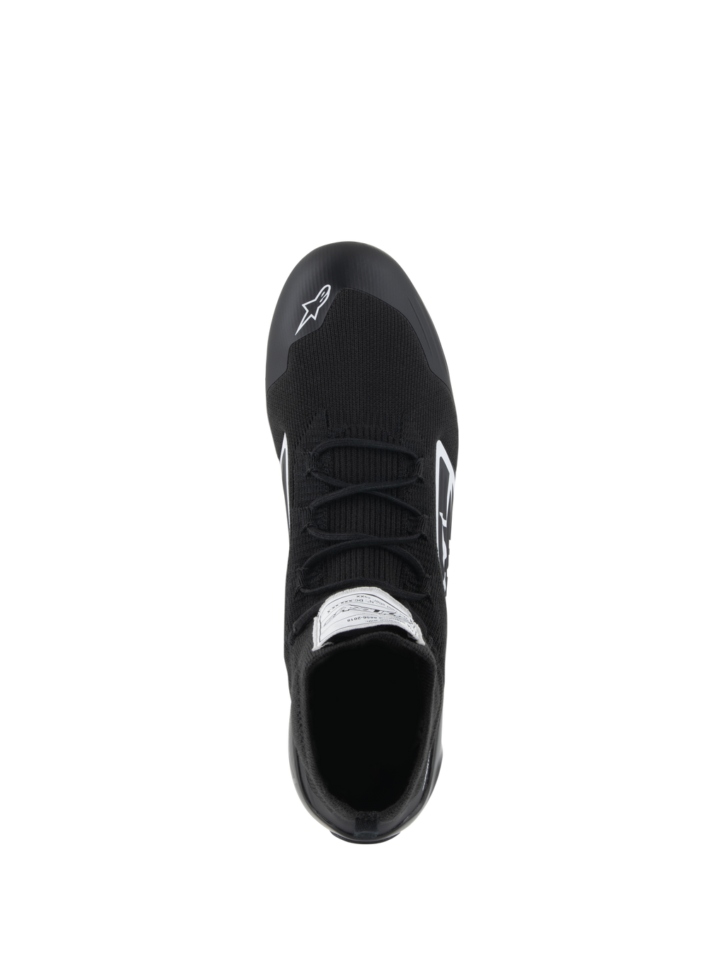 Alpinestars Supertech Shoes - FIA/SFI, zapatos de carreras de autos, negros, vista superior que muestra la parte superior de aramida completamente tejida, cordones planos y logo Alpinestars blanco en la punta, calzado profesional de automovilismo