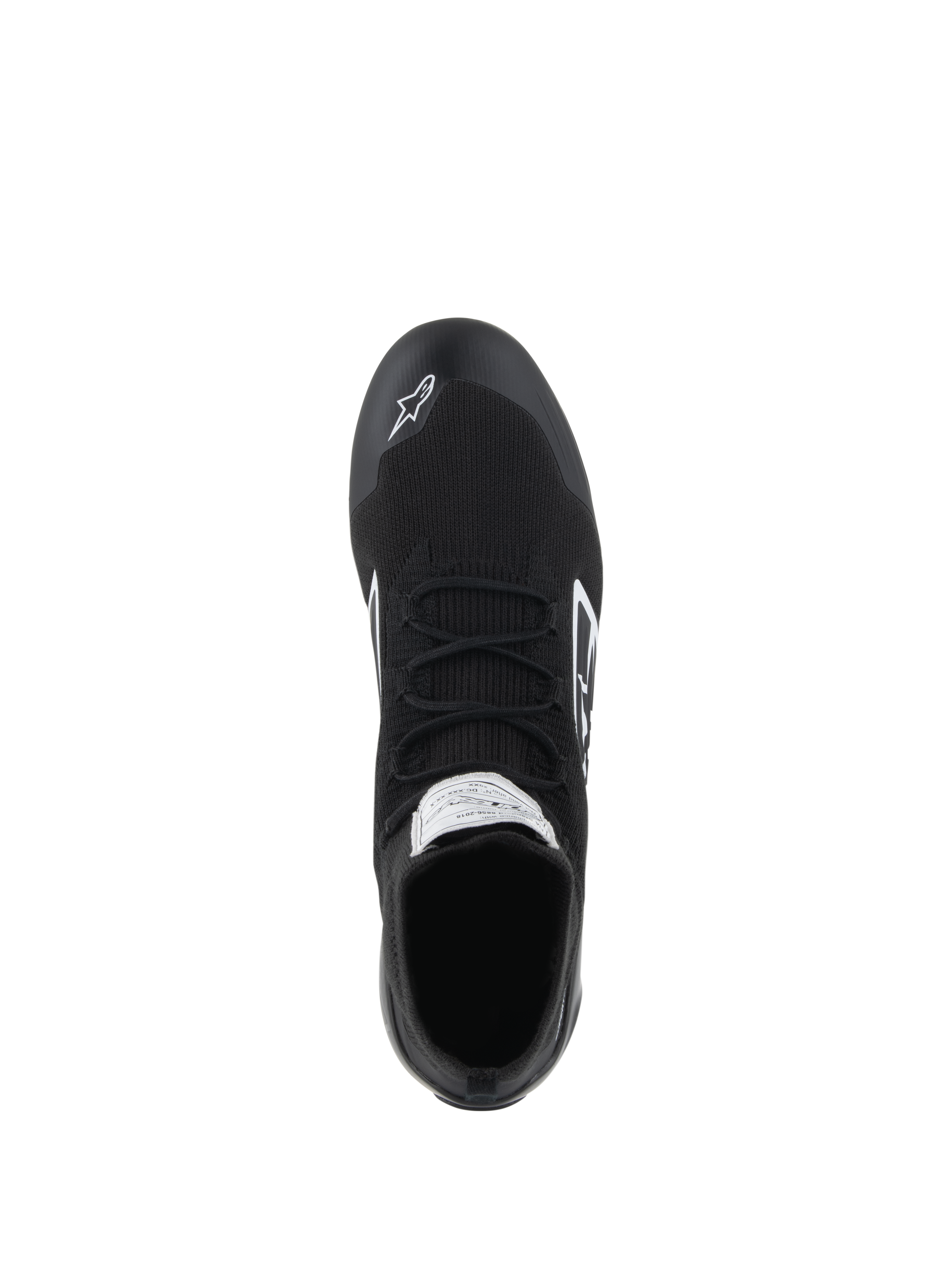 Alpinestars Supertech Shoes - FIA/SFI, zapatos de carreras de autos, negros, vista superior que muestra la parte superior de aramida completamente tejida, cordones planos y logo Alpinestars blanco en la punta, calzado profesional de automovilismo