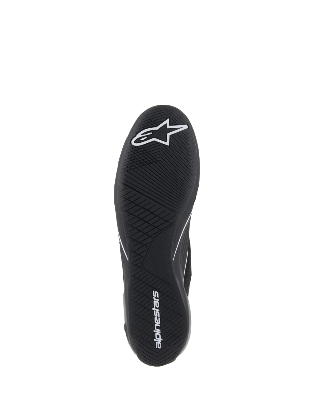 Alpinestars Supertech Shoes, zapatos de automovilismo, negros, vista inferior de la suela de goma ultrafina con logo de estrella blanca y marca alpinestars, con un patrón de banda de rodadura asimétrico para sensibilidad con los pedales y agarre