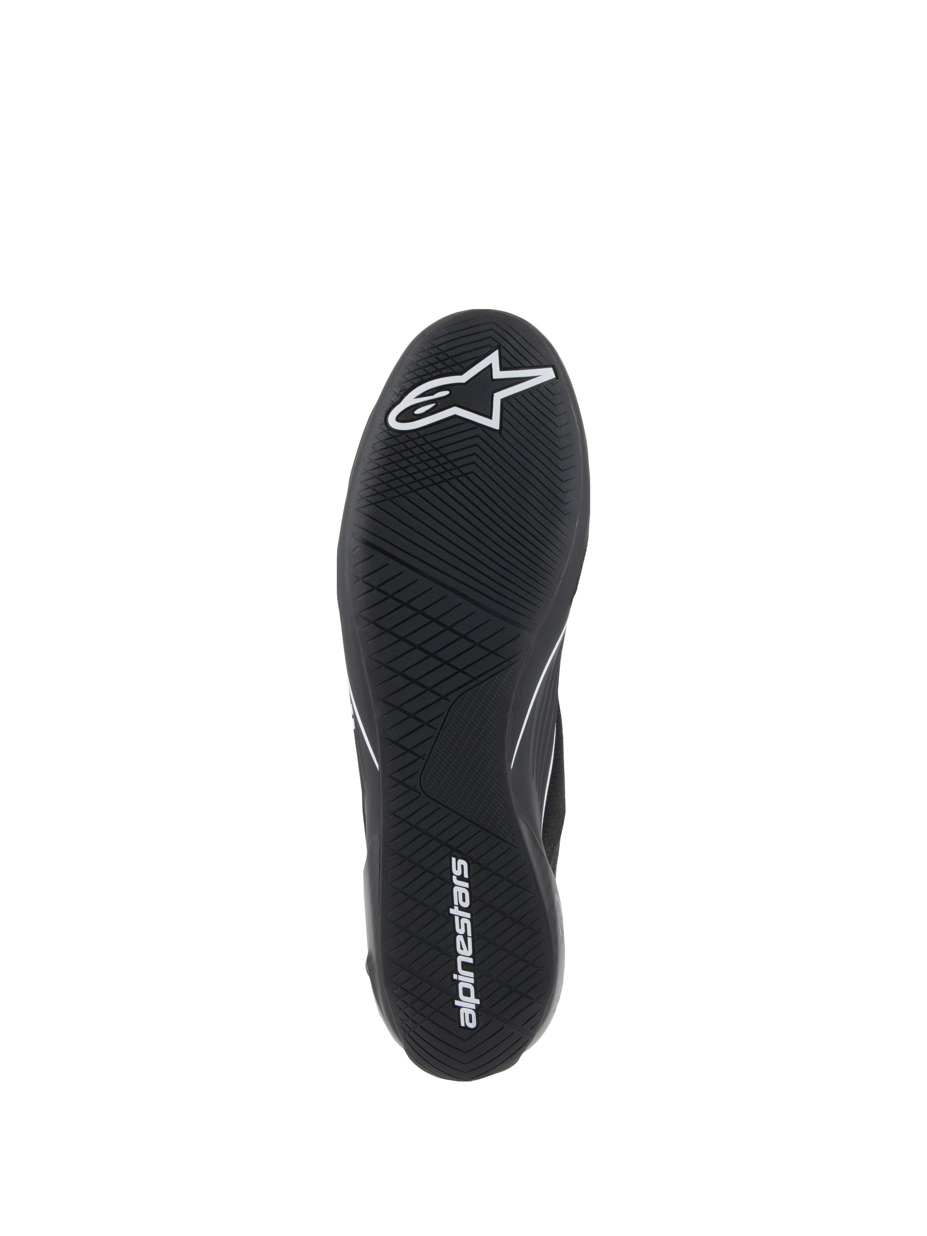 Alpinestars Supertech Shoes, zapatos de automovilismo, negros, vista inferior de la suela de goma ultrafina con logo de estrella blanca y marca alpinestars, con un patrón de banda de rodadura asimétrico para sensibilidad con los pedales y agarre