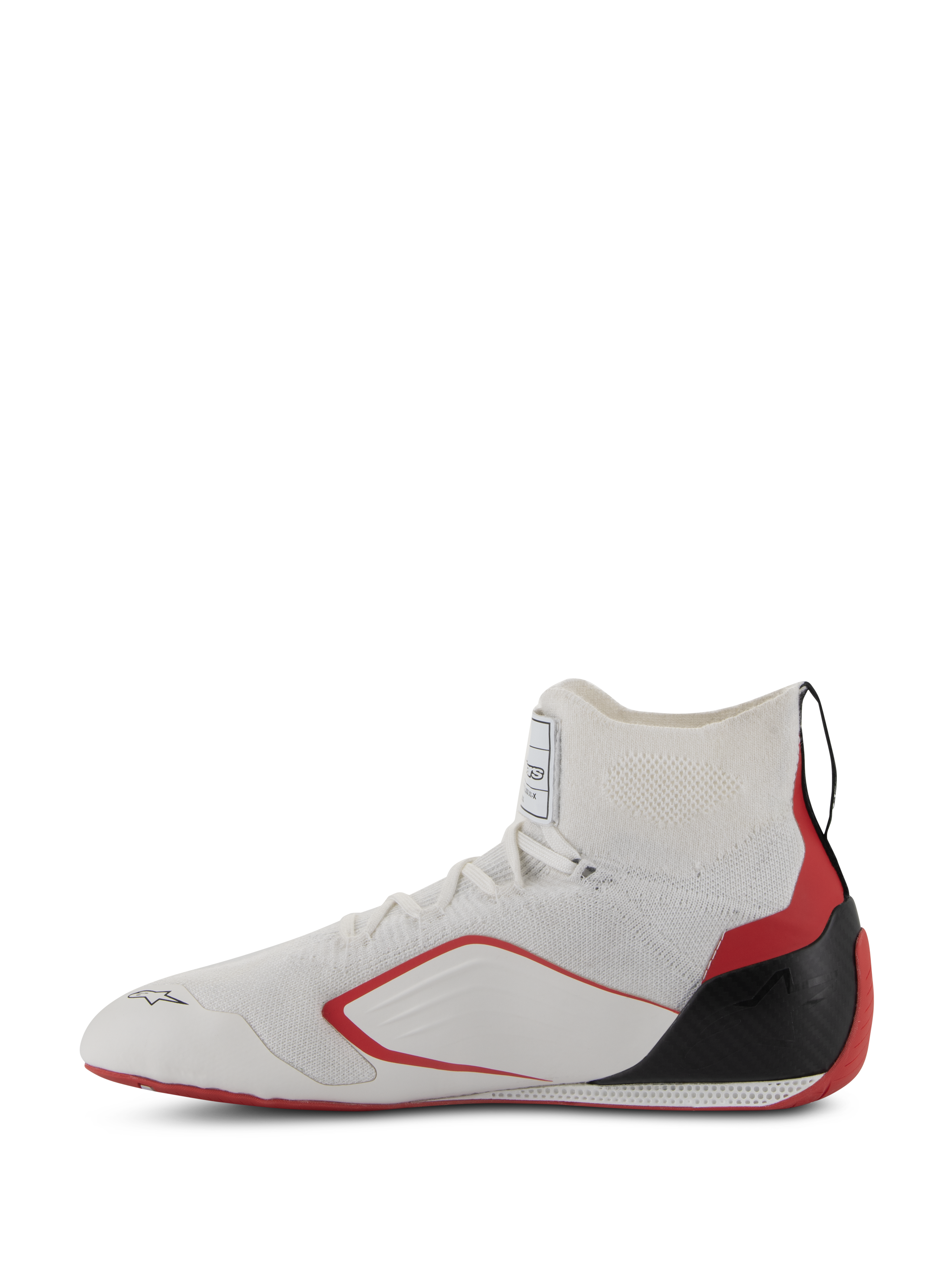 Alpinestars Supertech Shoes - FIA/SFI, Auto Racing Shoes, White Red and Black, profile view showing the knitted upper construction, red side accents, and black carbon fiber heel cup