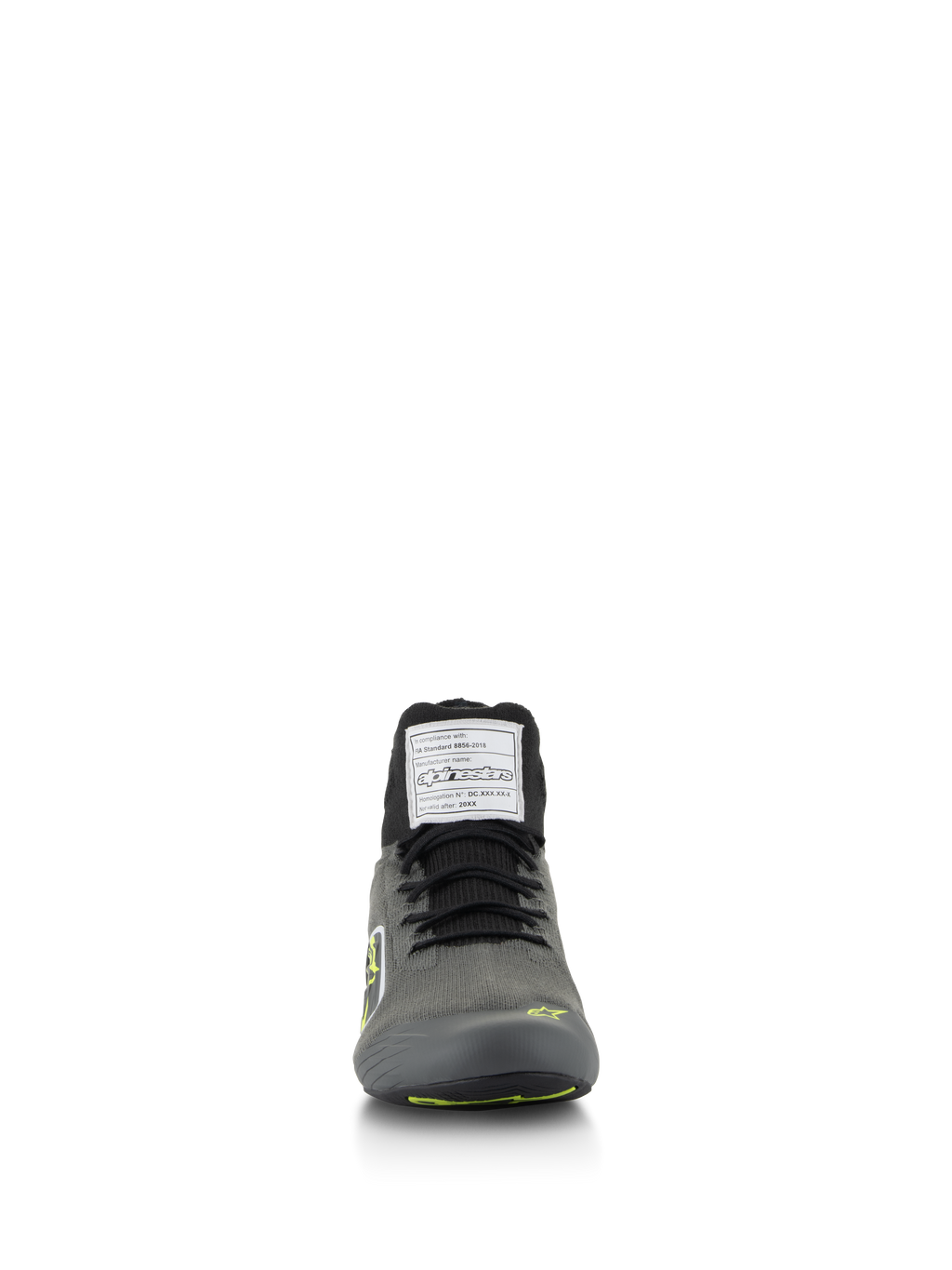 Zapatos Alpinestars Supertech, zapatos de automovilismo, gris frío con negro y amarillo flúor, vista frontal con parte superior de punto y etiqueta de certificación FIA en la lengüeta