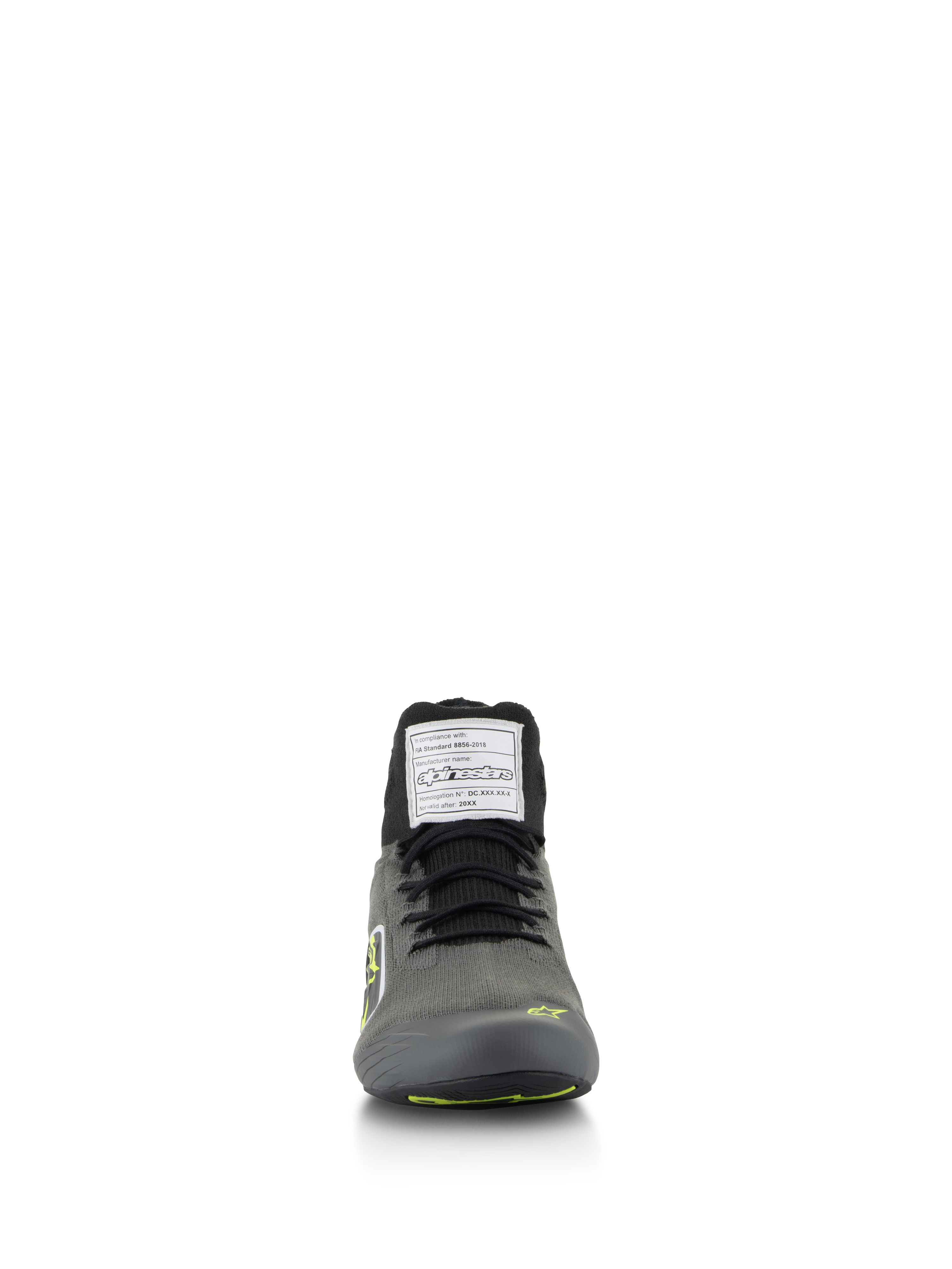 Zapatos Alpinestars Supertech, zapatos de automovilismo, gris frío con negro y amarillo flúor, vista frontal con parte superior de punto y etiqueta de certificación FIA en la lengüeta