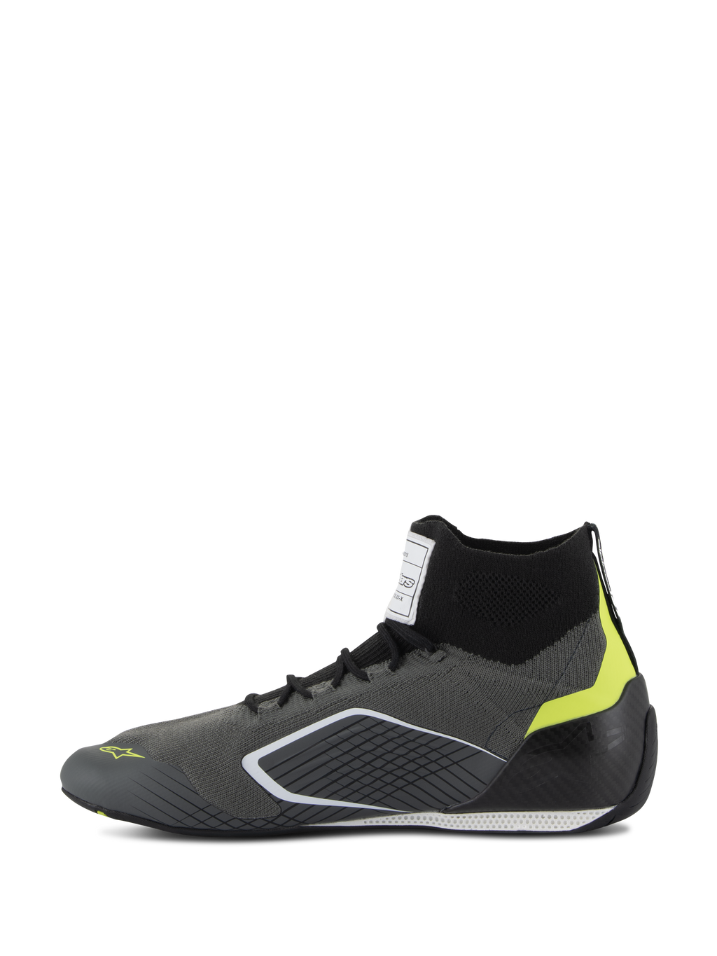 Zapatos Alpinestars Supertech - FIA/SFI, calzado para automovilismo, gris y negro con detalles en amarillo flúor, vista de perfil lateral, con parte superior de aramida tejida y copa del talón de fibra de carbono, calzado profesional para deportes de motor