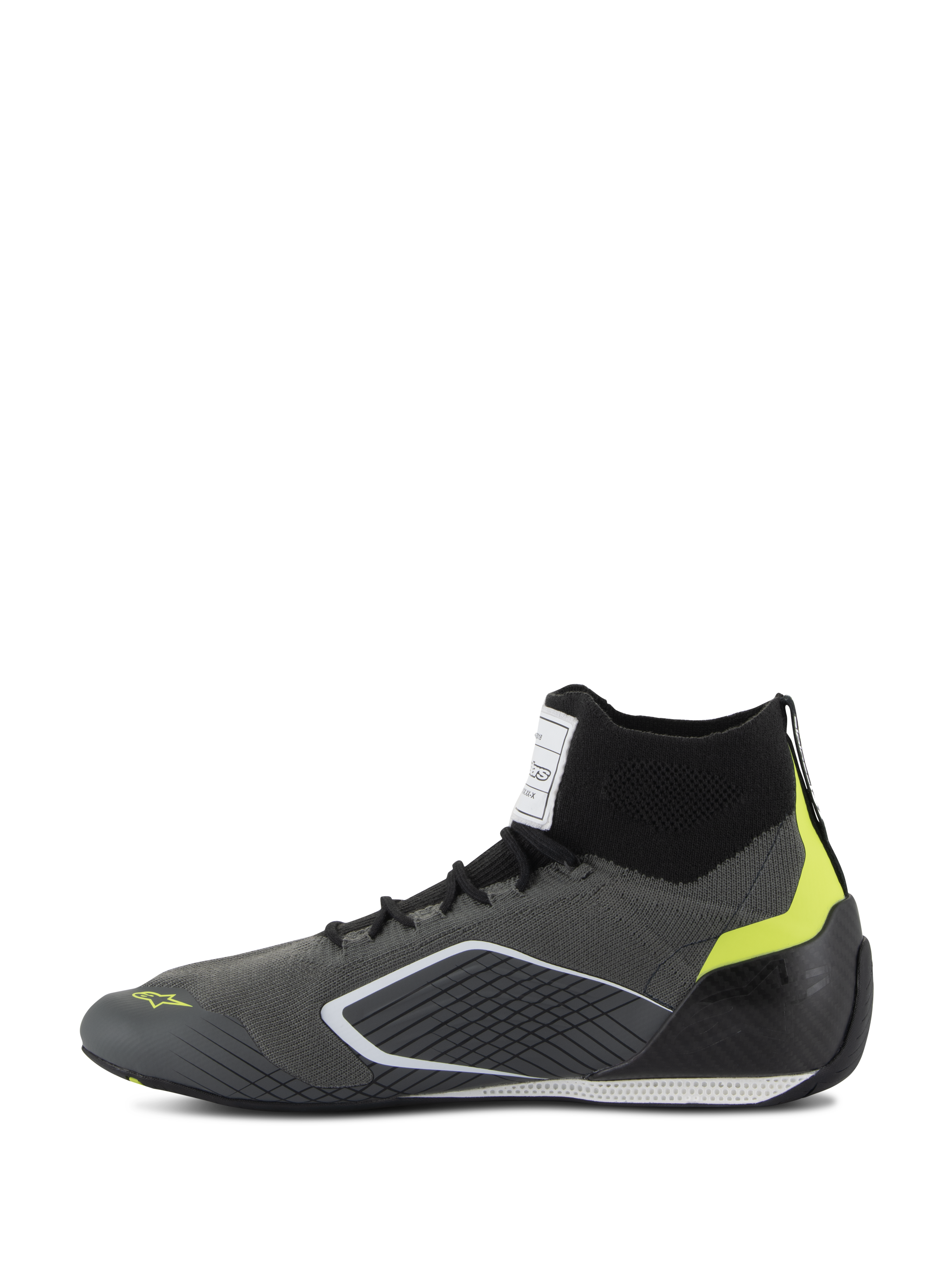 Zapatos Alpinestars Supertech - FIA/SFI, calzado para automovilismo, gris y negro con detalles en amarillo flúor, vista de perfil lateral, con parte superior de aramida tejida y copa del talón de fibra de carbono, calzado profesional para deportes de motor