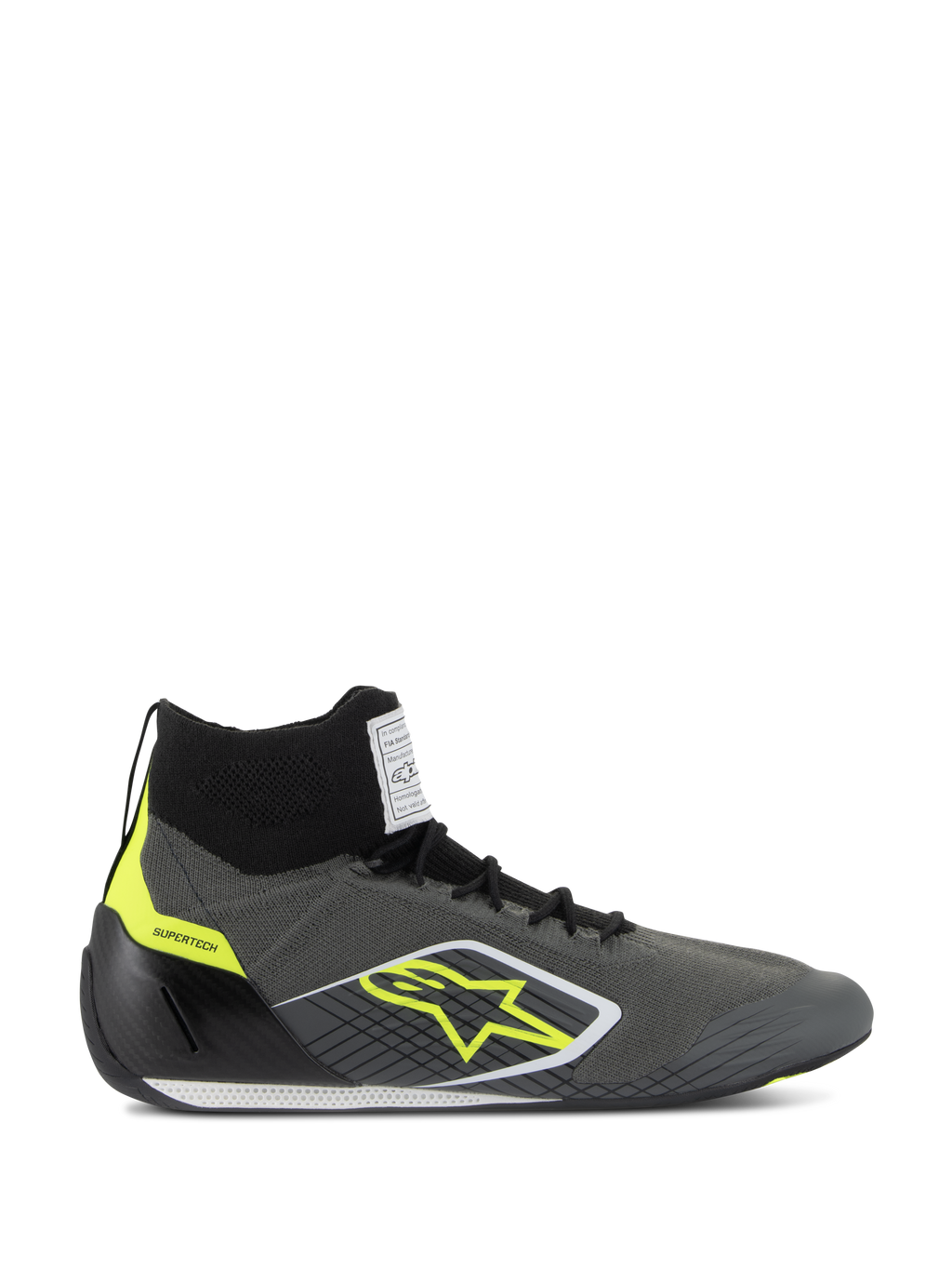 Alpinestars Supertech Shoes FIA/SFI, zapatos de carreras profesionales de perfil alto, gris frío y negro con detalles amarillo flúor, parte superior de punto de aramida, copa del talón de fibra de carbono, logo de estrella amarilla y suela delgada blanca y negra, calzado certificado para automovilismo