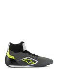 Alpinestars Supertech Shoes FIA/SFI, zapatos de carreras profesionales de perfil alto, gris frío y negro con detalles amarillo flúor, parte superior de punto de aramida, copa del talón de fibra de carbono, logo de estrella amarilla y suela delgada blanca y negra, calzado certificado para automovilismo
