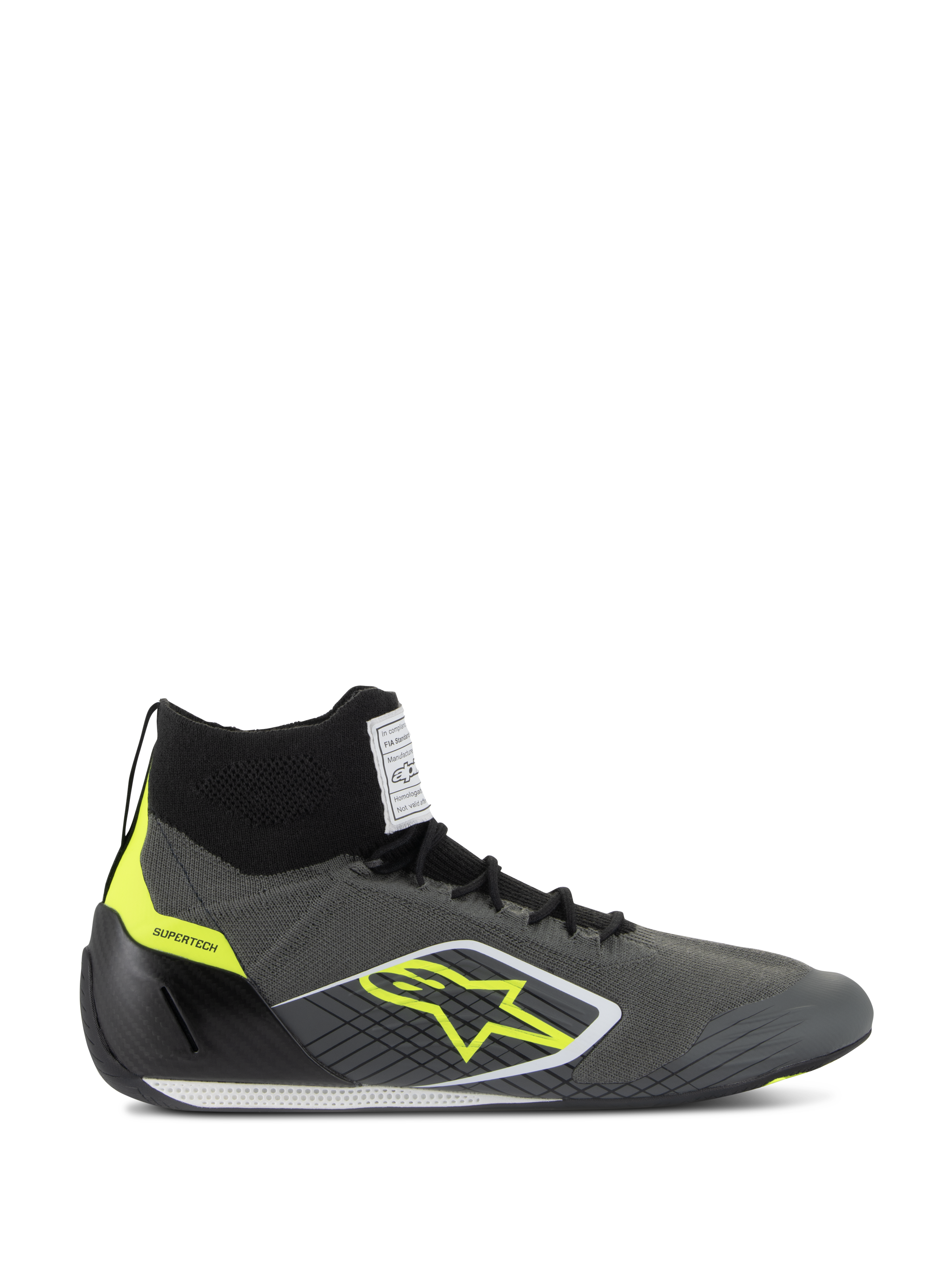 Alpinestars Supertech Shoes FIA/SFI, zapatos de carreras profesionales de perfil alto, gris frío y negro con detalles amarillo flúor, parte superior de punto de aramida, copa del talón de fibra de carbono, logo de estrella amarilla y suela delgada blanca y negra, calzado certificado para automovilismo
