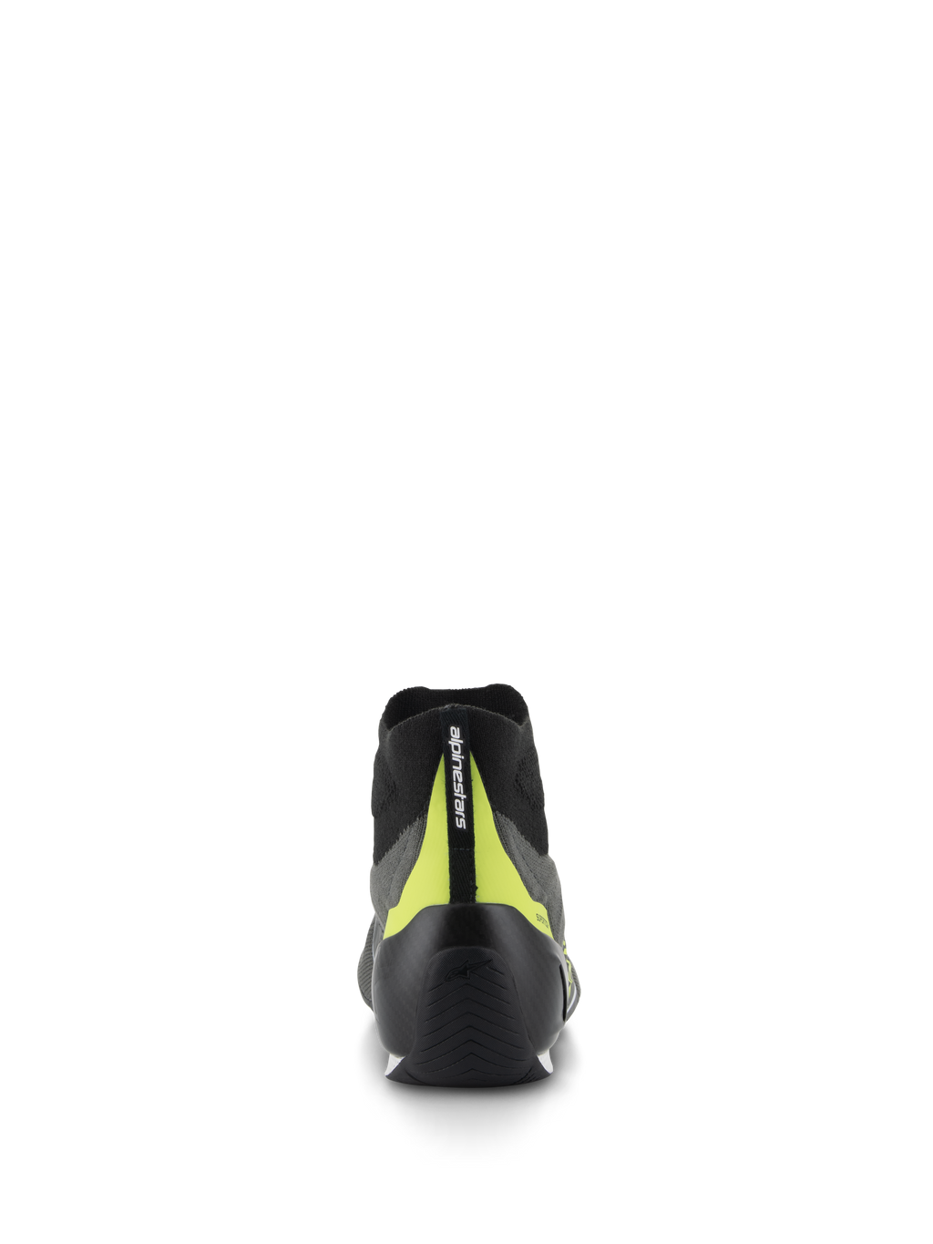 Zapatos Alpinestars Supertech, calzado para automovilismo, gris y negro, vista trasera con copa de talón de carbono negro y franja vertical amarillo flúor con logotipo, diseño profesional de automovilismo