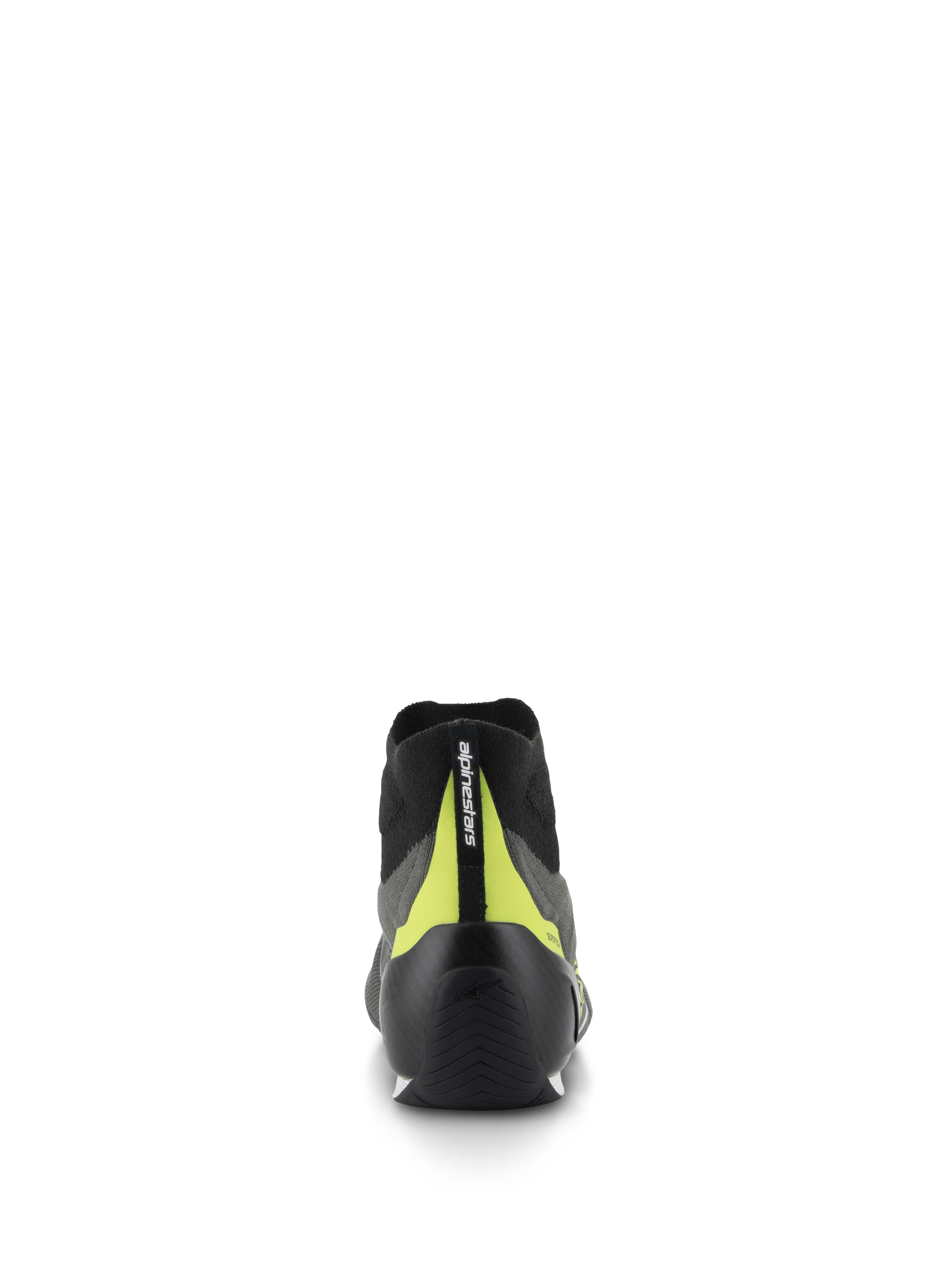 Zapatos Alpinestars Supertech, calzado para automovilismo, gris y negro, vista trasera con copa de talón de carbono negro y franja vertical amarillo flúor con logotipo, diseño profesional de automovilismo