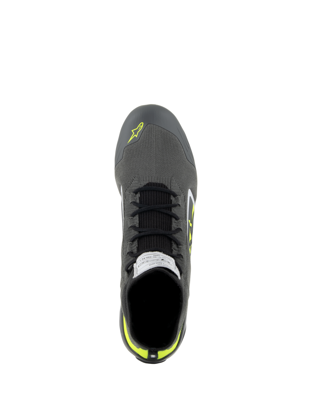 Zapatos Alpinestars Supertech, zapatos de automovilismo, gris frío, negro y amarillo fluo, vista aérea que muestra la parte superior de punto, cordones negros y etiqueta de certificación FIA en la lengüeta, calzado de conducción profesional