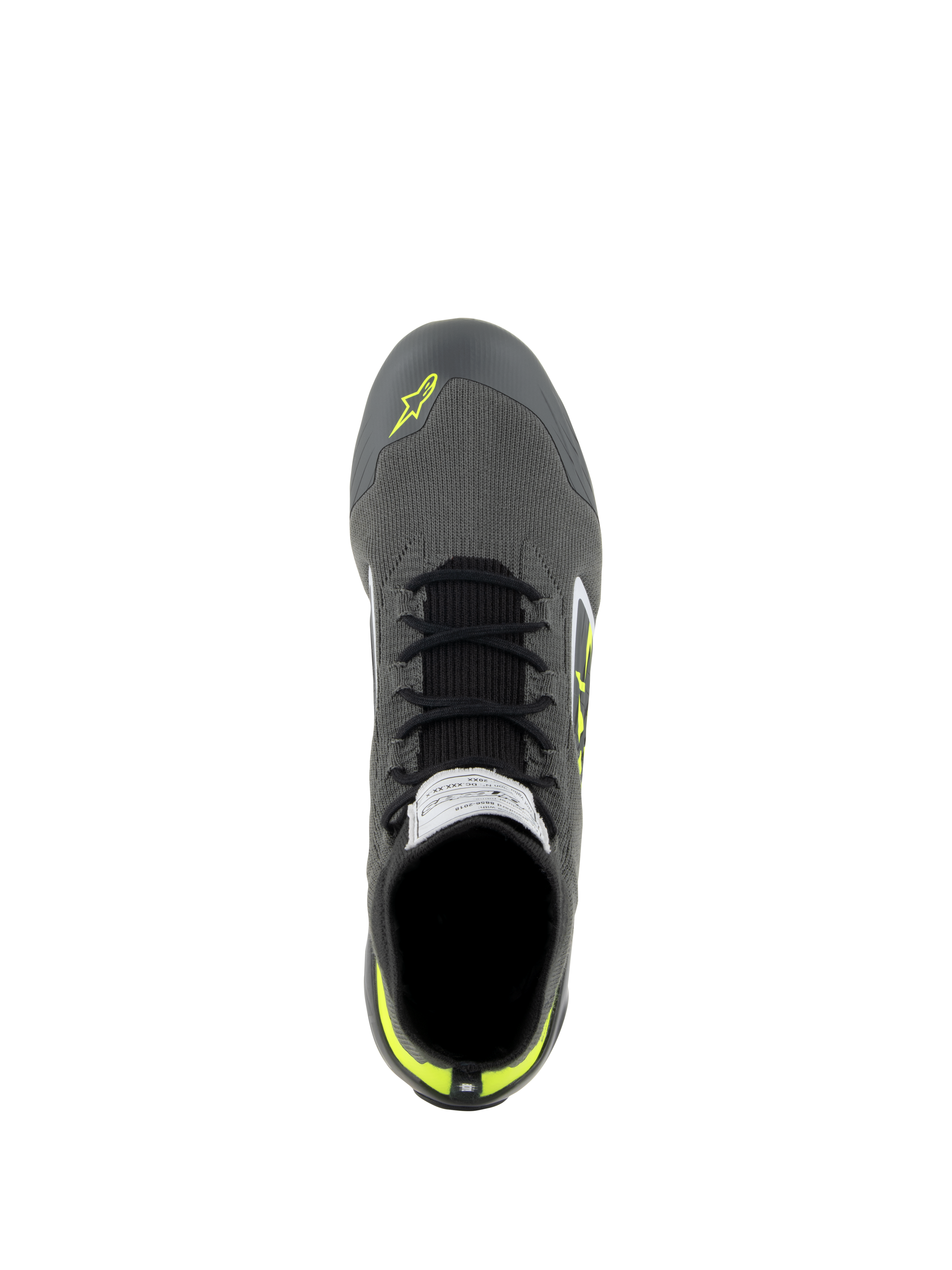 Zapatos Alpinestars Supertech, zapatos de automovilismo, gris frío, negro y amarillo fluo, vista aérea que muestra la parte superior de punto, cordones negros y etiqueta de certificación FIA en la lengüeta, calzado de conducción profesional