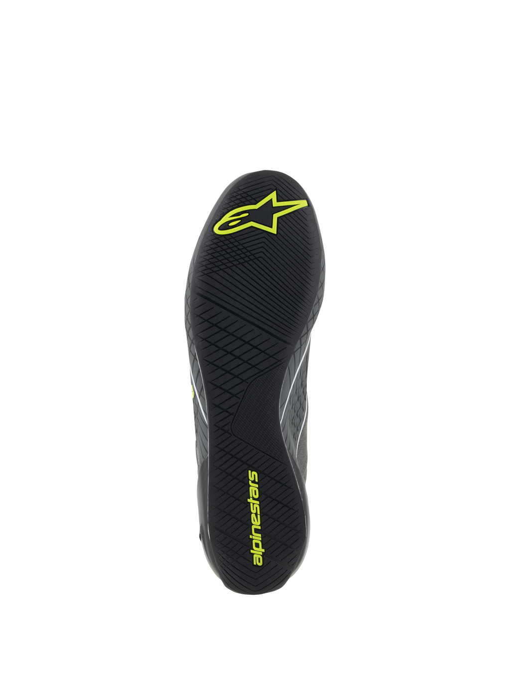 Zapatos Alpinestars Supertech, calzado para carreras de automovilismo, gris frío y amarillo flúor, vista detallada de la suela de goma negra con banda de rodadura asimétrica texturizada y logotipos amarillos de Alpinestars para mayor agarre y sensibilidad en los pedales.