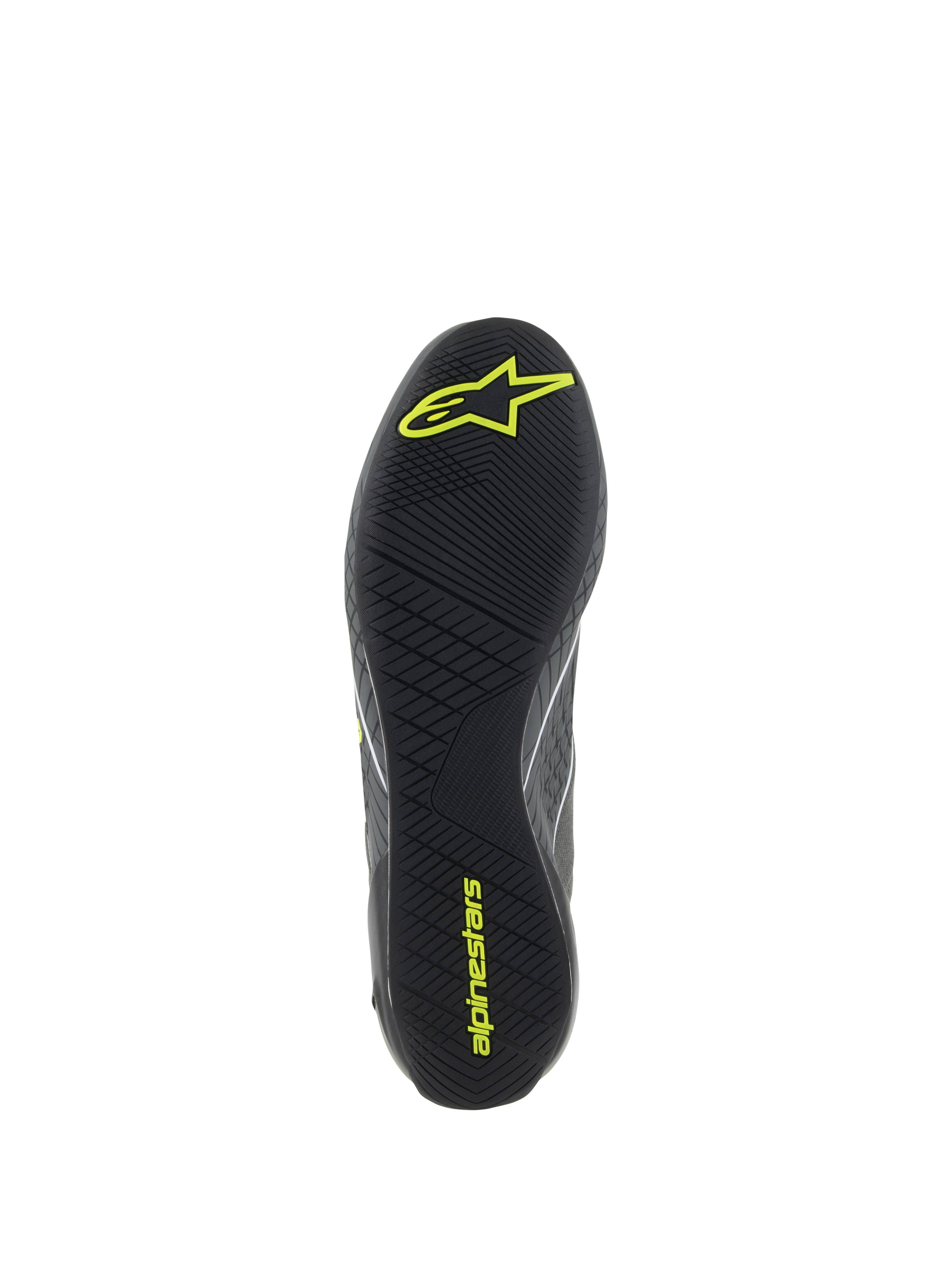Zapatos Alpinestars Supertech, calzado para carreras de automovilismo, gris frío y amarillo flúor, vista detallada de la suela de goma negra con banda de rodadura asimétrica texturizada y logotipos amarillos de Alpinestars para mayor agarre y sensibilidad en los pedales.