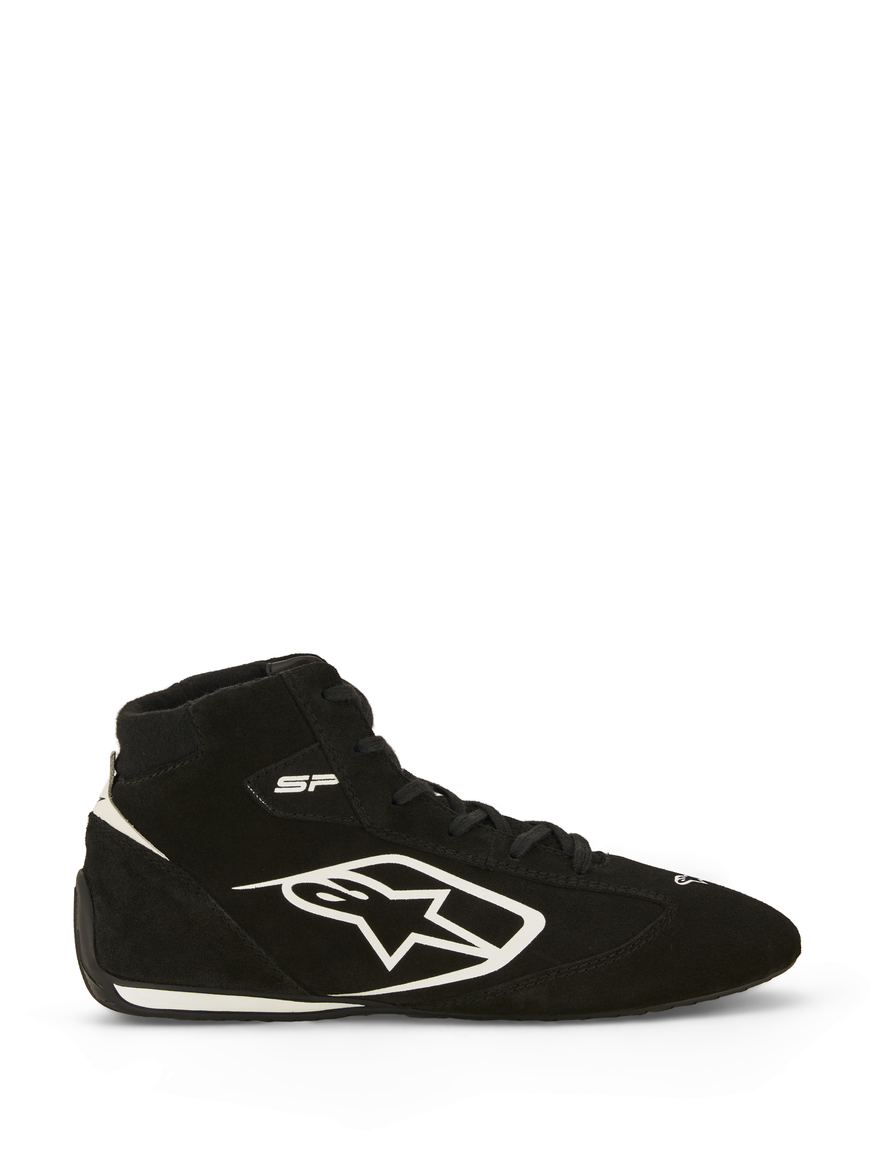 Alpinestars SP V3 Shoes FIA, Auto Racing Shoes, Black and White, side profile showing premium suede upper with large white Alpinestars logo, high-top design, "SP" branding near the ankle, and a thin racing-spec sole with white trim.