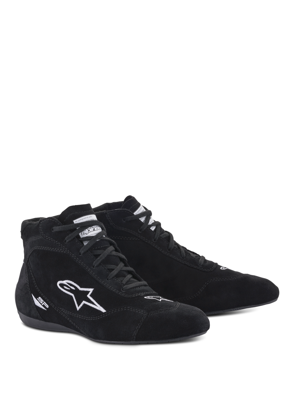 Zapatos Alpinestars SP V2, zapatos de automovilismo, negro, diseño de ante de caña alta con logo de estrella bordado en blanco y marca SP, suela ultrafina de especificación F1 para una sensación precisa del pedal, calzado profesional para automovilismo