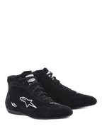 Zapatos Alpinestars SP V2, zapatos de automovilismo, negro, diseño de ante de caña alta con logo de estrella bordado en blanco y marca SP, suela ultrafina de especificación F1 para una sensación precisa del pedal, calzado profesional para automovilismo