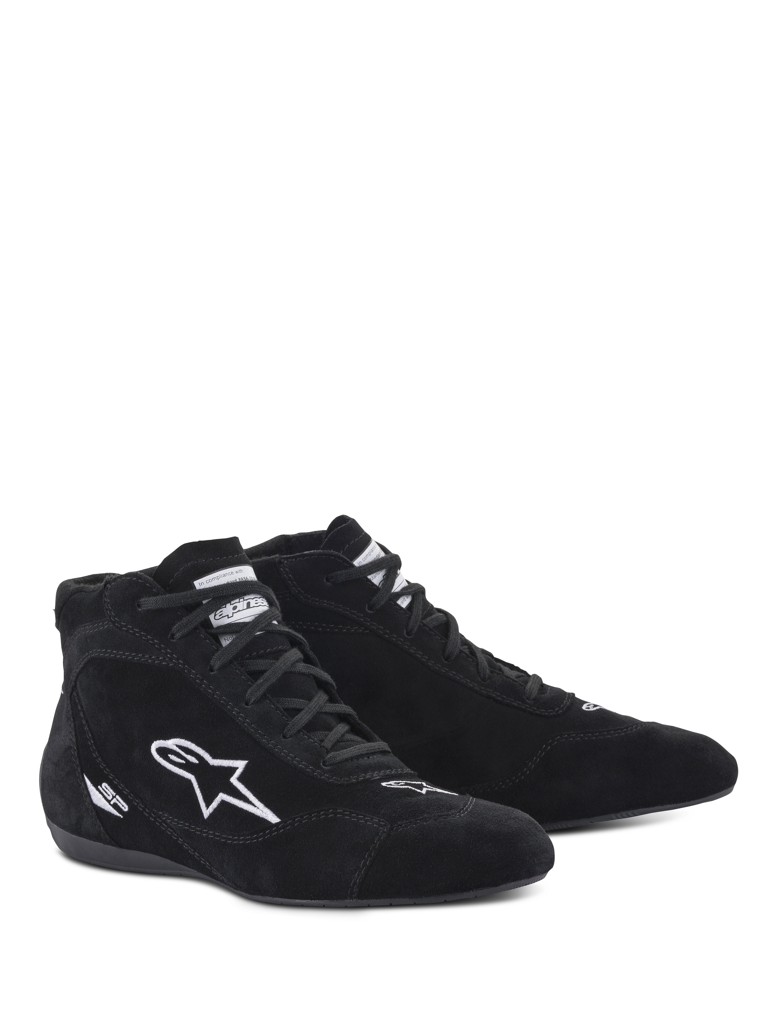 Zapatos Alpinestars SP V2, zapatos de automovilismo, negro, diseño de ante de caña alta con logo de estrella bordado en blanco y marca SP, suela ultrafina de especificación F1 para una sensación precisa del pedal, calzado profesional para automovilismo