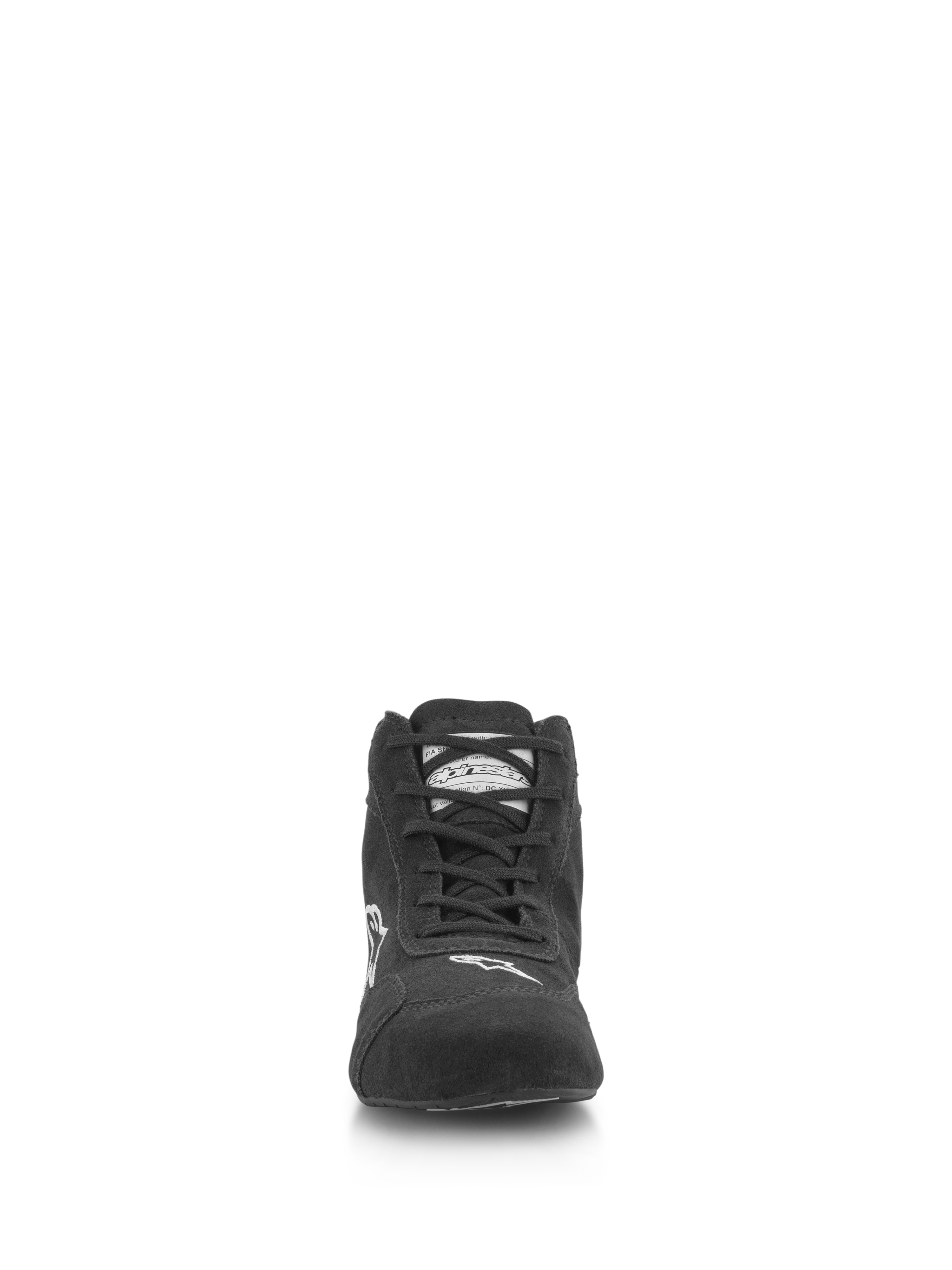 Zapatos Alpinestars SP V2, calzado para automovilismo, negro, vista frontal con parte superior de ante de primera calidad, sistema de cordones asimétricos, logotipo de Alpinestars blanco en la puntera, calzado profesional para deportes de motor