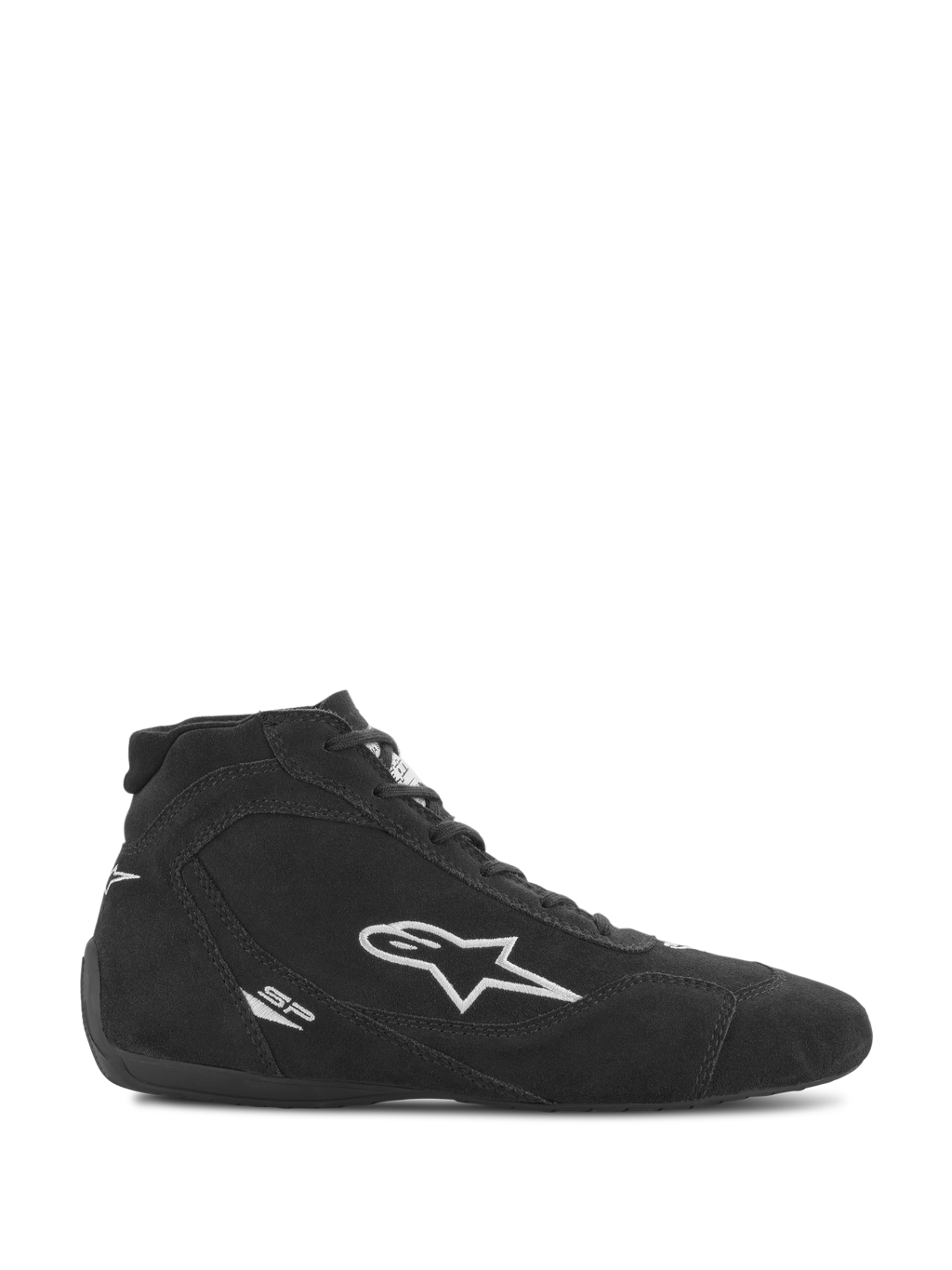 Zapatillas Alpinestars SP V2, calzado para automovilismo, ante negro con el logotipo de la estrella de Alpinestars en blanco, perfil de caña alta, cierre de cordones, suela de carreras ultrafina, diseño elegante para deportes de motor