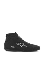 Zapatillas Alpinestars SP V2, calzado para automovilismo, ante negro con el logotipo de la estrella de Alpinestars en blanco, perfil de caña alta, cierre de cordones, suela de carreras ultrafina, diseño elegante para deportes de motor