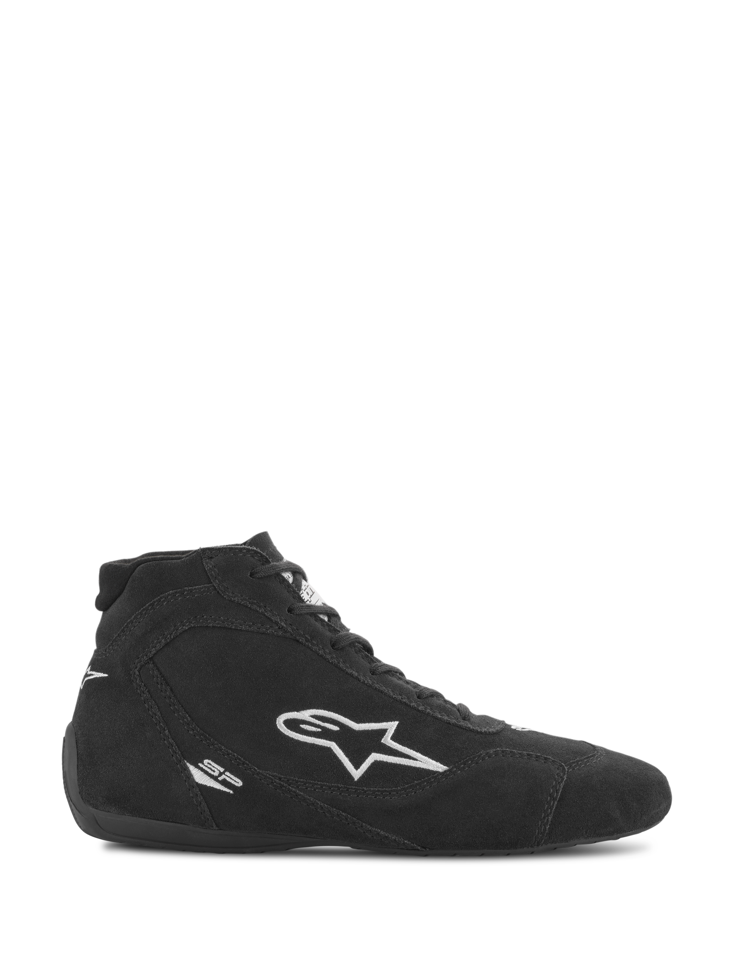 Zapatillas Alpinestars SP V2, calzado para automovilismo, ante negro con el logotipo de la estrella de Alpinestars en blanco, perfil de caña alta, cierre de cordones, suela de carreras ultrafina, diseño elegante para deportes de motor