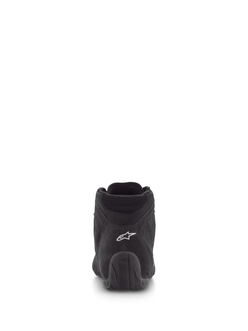 Zapatos Alpinestars SP V2, calzado para automovilismo, negro, vista trasera con parte superior de ante de primera calidad, logotipo blanco en el talón y suela de goma texturizada, calzado profesional para automovilismo
