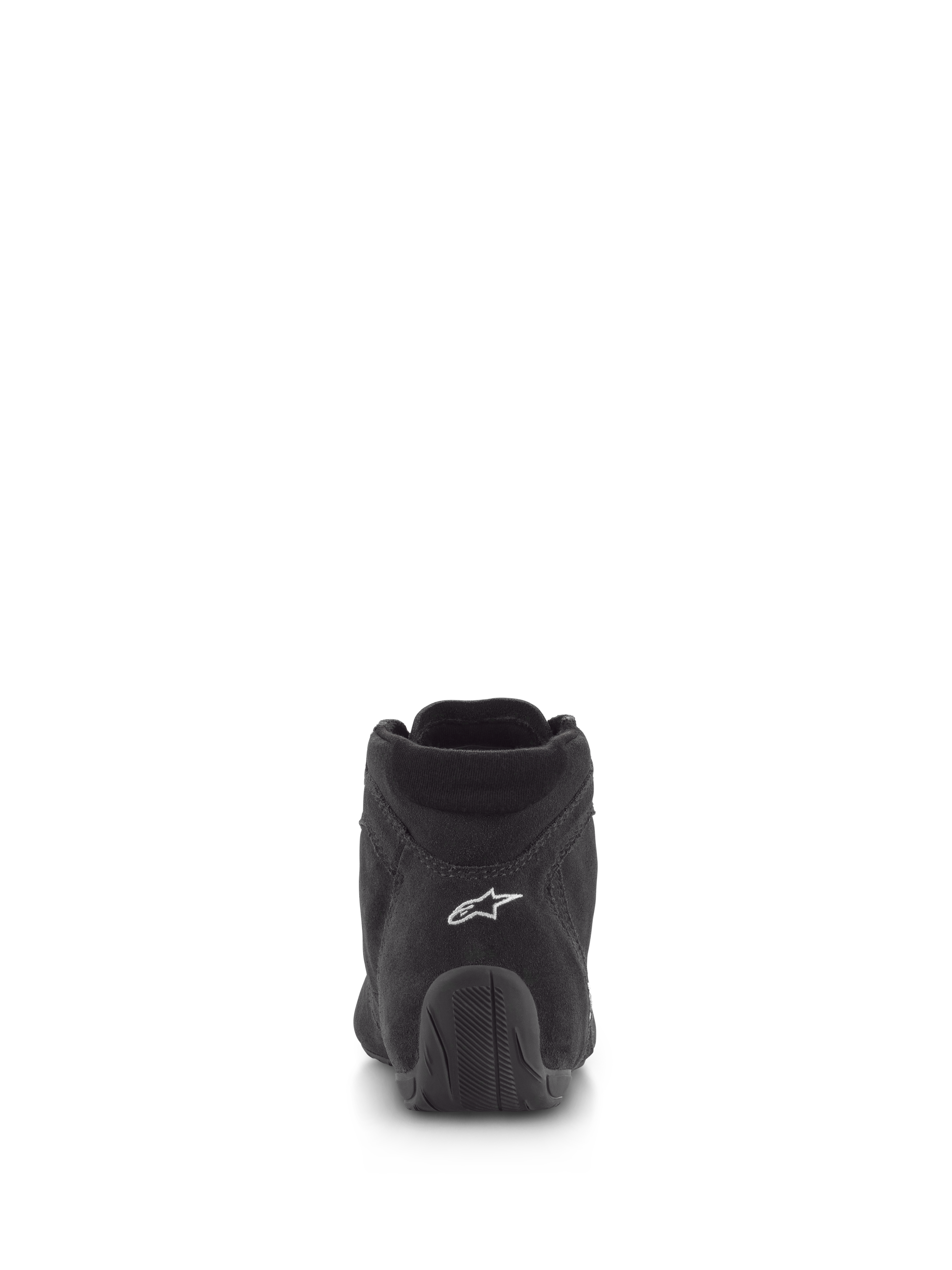 Zapatos Alpinestars SP V2, calzado para automovilismo, negro, vista trasera con parte superior de ante de primera calidad, logotipo blanco en el talón y suela de goma texturizada, calzado profesional para automovilismo