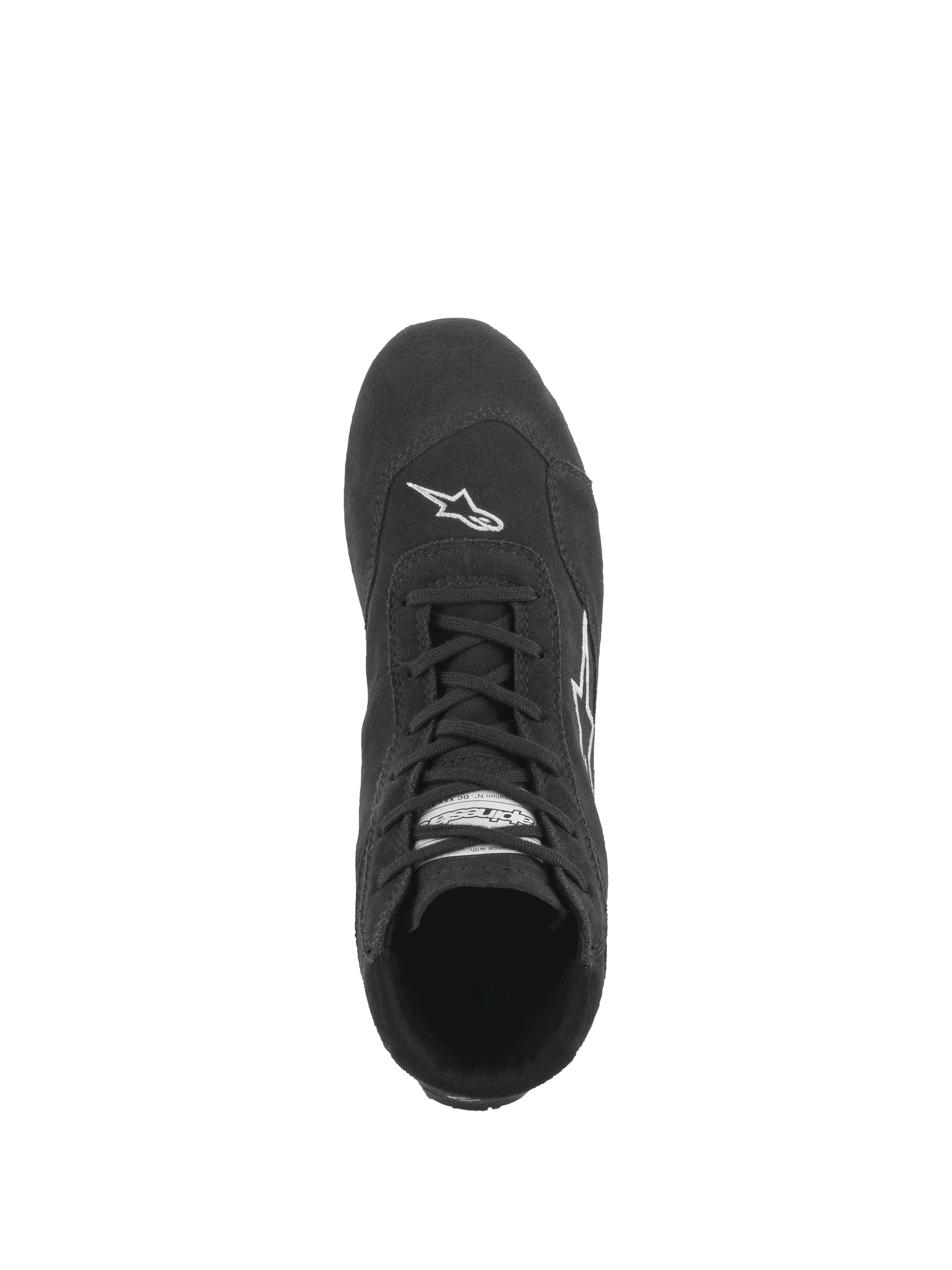Zapatos Alpinestars SP V2, calzado de automovilismo, color negro, vista superior que muestra el sistema de cordones asimétricos, construcción en ante de primera calidad y el logotipo blanco de Astars en la puntera