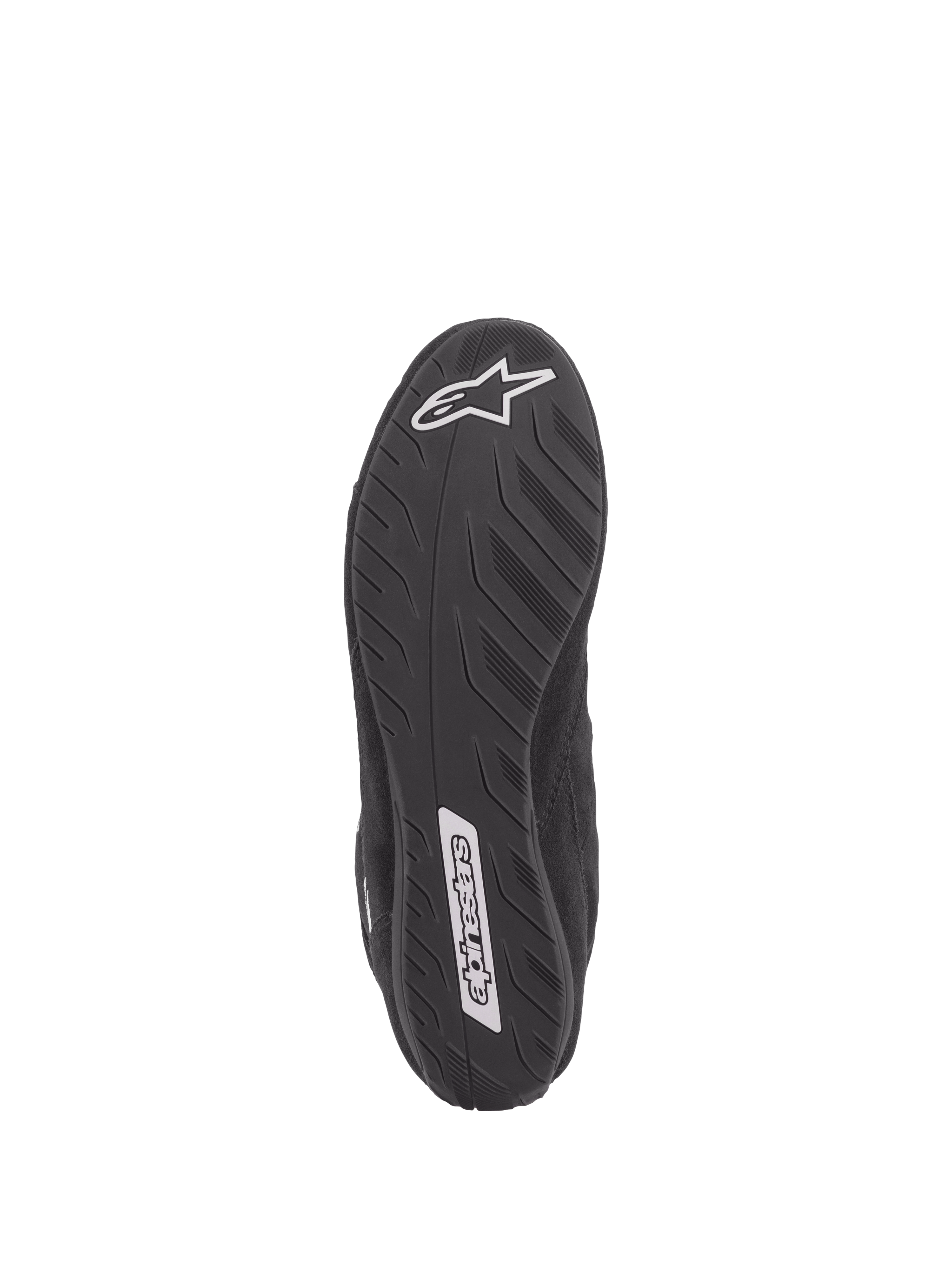 Zapatos Alpinestars SP V2, calzado de automovilismo, negro, vista inferior de la suela ultrafina con especificación de Fórmula 1, agarre texturizado para mayor tacto de los pedales, con logotipos blancos de Alpinestars en el talón y el mediopié