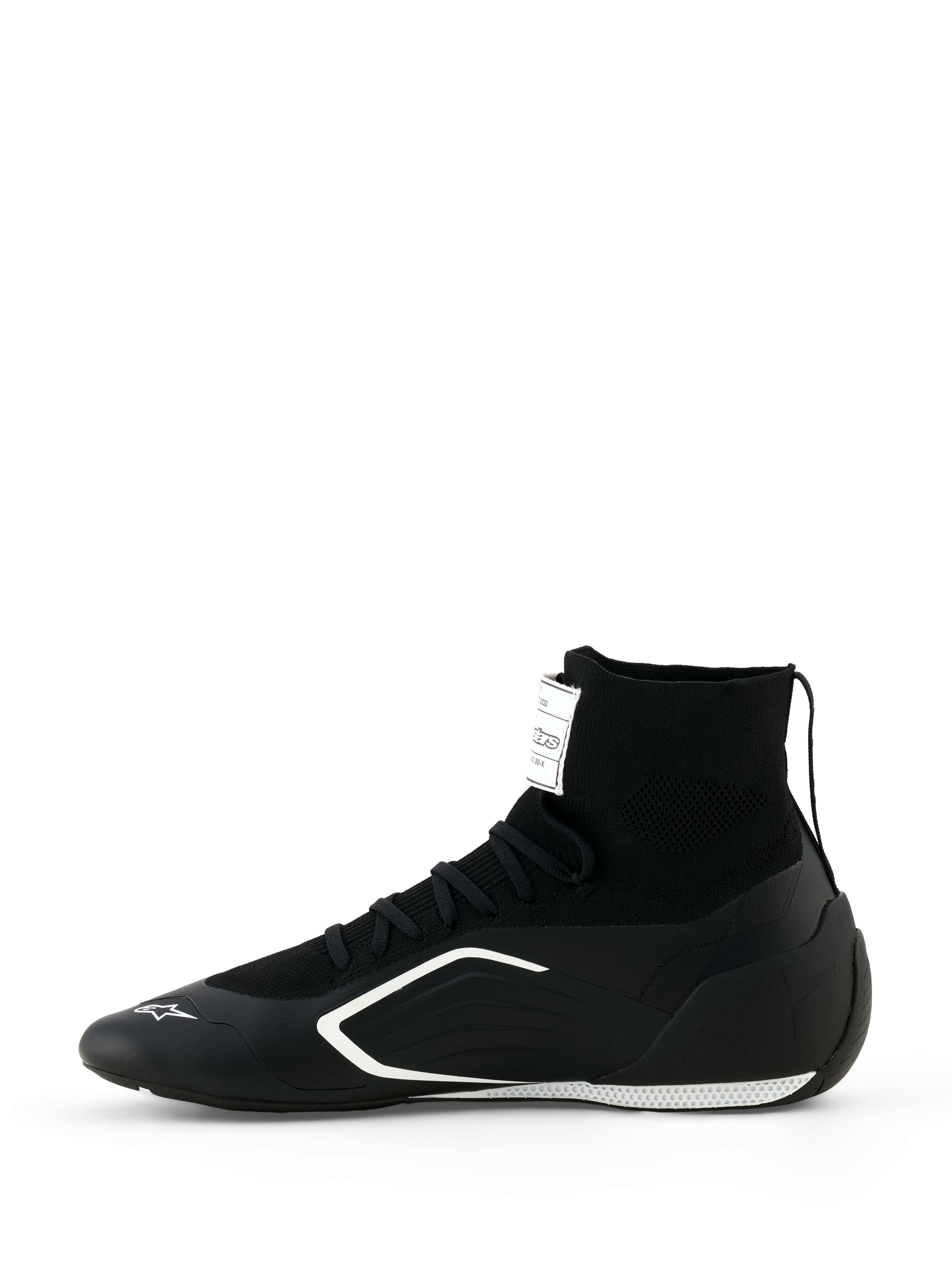 Alpinestars Supertech K Shoes - FIA, zapatillas de karting, en negro y blanco, vista de perfil lateral, con una construcción de caña alta completamente tejida, gráficos laterales angulares en blanco y logotipo blanco en la punta, calzado técnico de carreras
