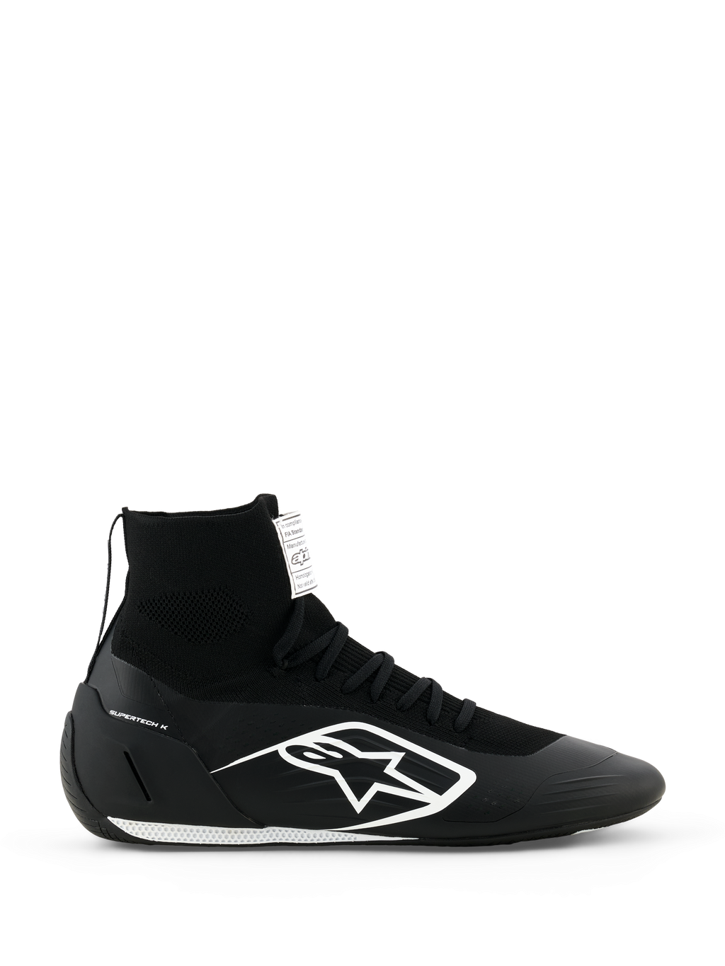 Alpinestars Supertech K Shoes FIA, zapatos de carreras para karting negros, diseño de punto de caña alta con logo blanco, cuello del tobillo tipo calcetín, suela blanca texturizada, certificado FIA