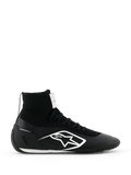 Alpinestars Supertech K Shoes FIA, zapatos de carreras para karting negros, diseño de punto de caña alta con logo blanco, cuello del tobillo tipo calcetín, suela blanca texturizada, certificado FIA