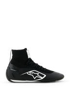 Alpinestars Supertech K Shoes FIA, zapatos de carreras para karting negros, diseño de punto de caña alta con logo blanco, cuello del tobillo tipo calcetín, suela blanca texturizada, certificado FIA