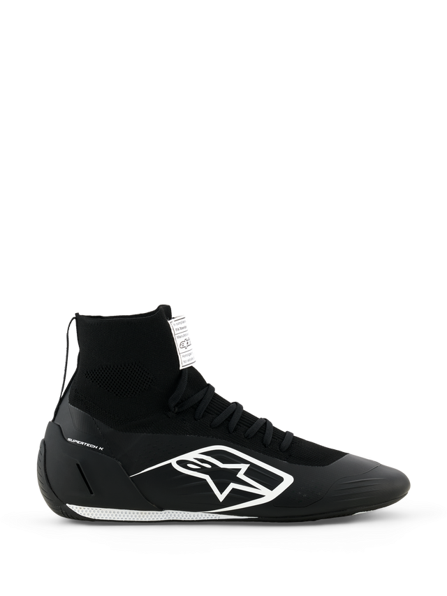 Alpinestars Supertech K Shoes FIA, Black Karting Racing Shoes, High-Top Knitted Design with White Logo, Sock-Like Ankle Collar, White Textured Sole, FIA Certified