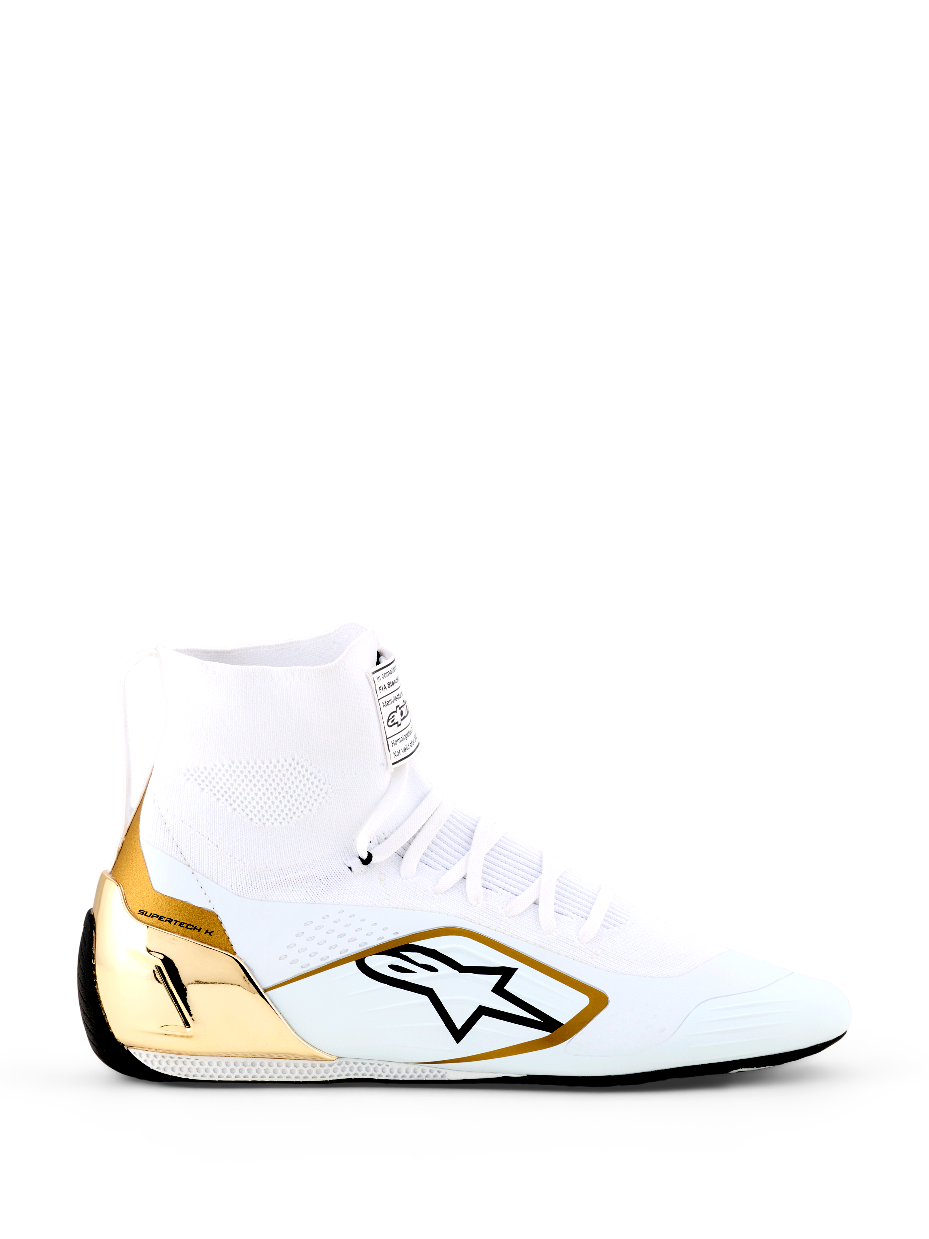 Alpinestars Supertech K Shoes - FIA, White and Gold Karting Shoes, high-top design with fully knitted upper, metallic gold TPU heel counter, black Alpinestars star logo, ultra-thin racing sole, professional FIA certified footwear