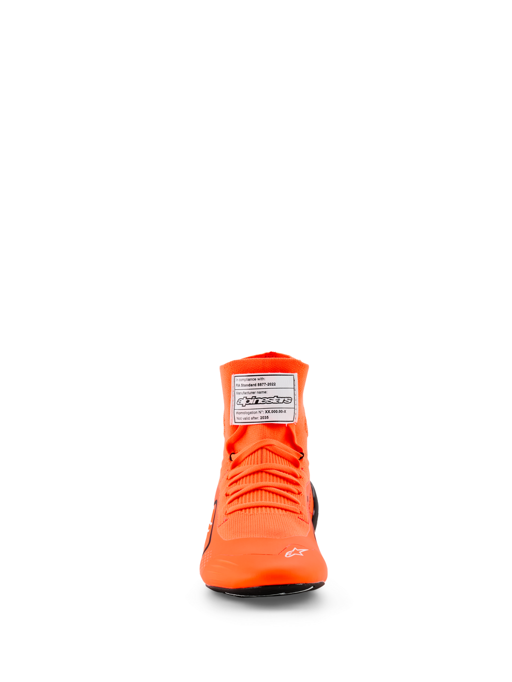 Alpinestars Supertech K Shoes - FIA, zapatos de karting, naranja fluo, vista frontal con parte superior tejida y cordones naranjas a juego, etiqueta de certificación FIA blanca en la lengüeta y pequeño logotipo de estrella blanca en la puntera