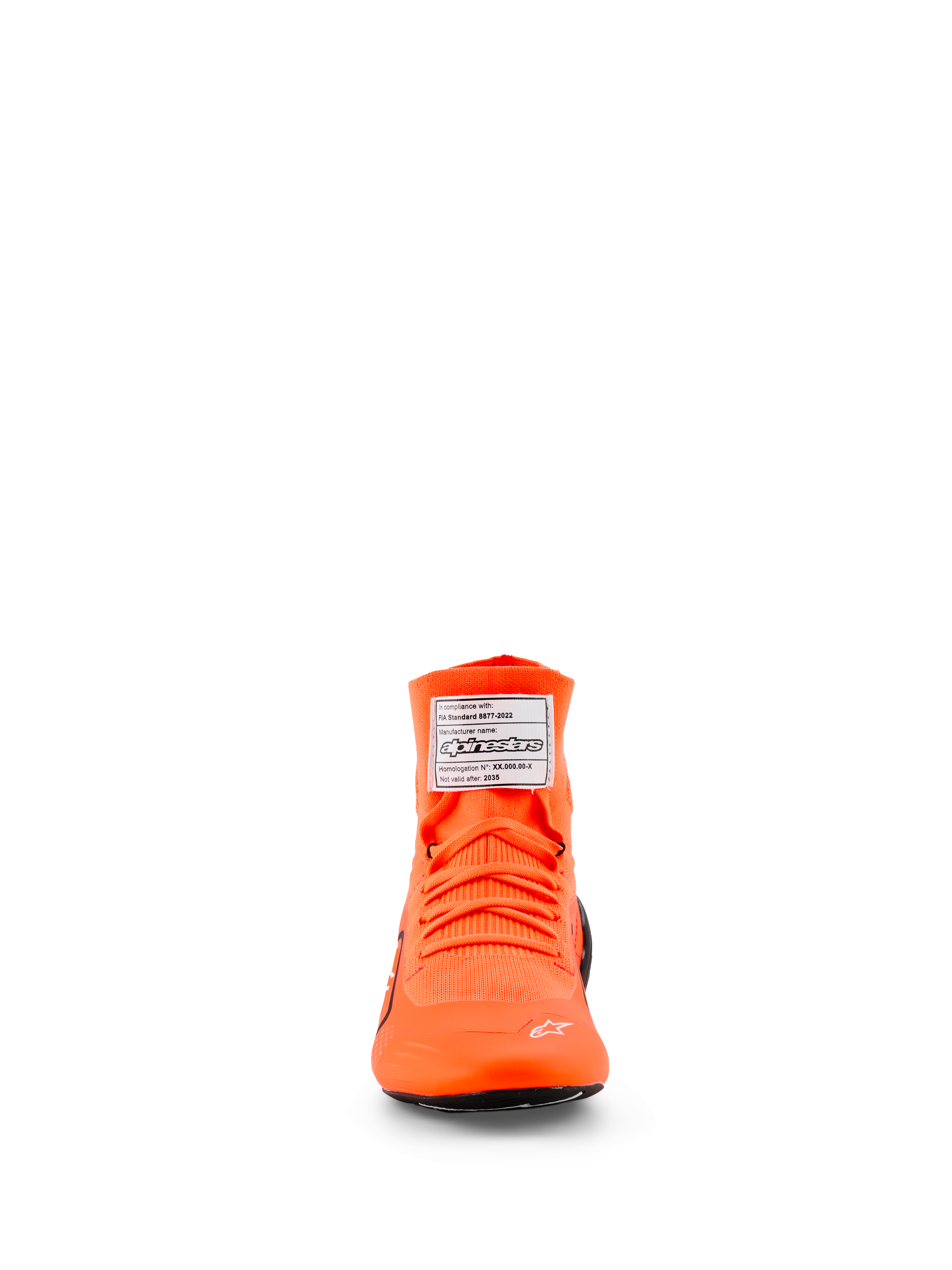 Alpinestars Supertech K Shoes - FIA, zapatos de karting, naranja fluo, vista frontal con parte superior tejida y cordones naranjas a juego, etiqueta de certificación FIA blanca en la lengüeta y pequeño logotipo de estrella blanca en la puntera
