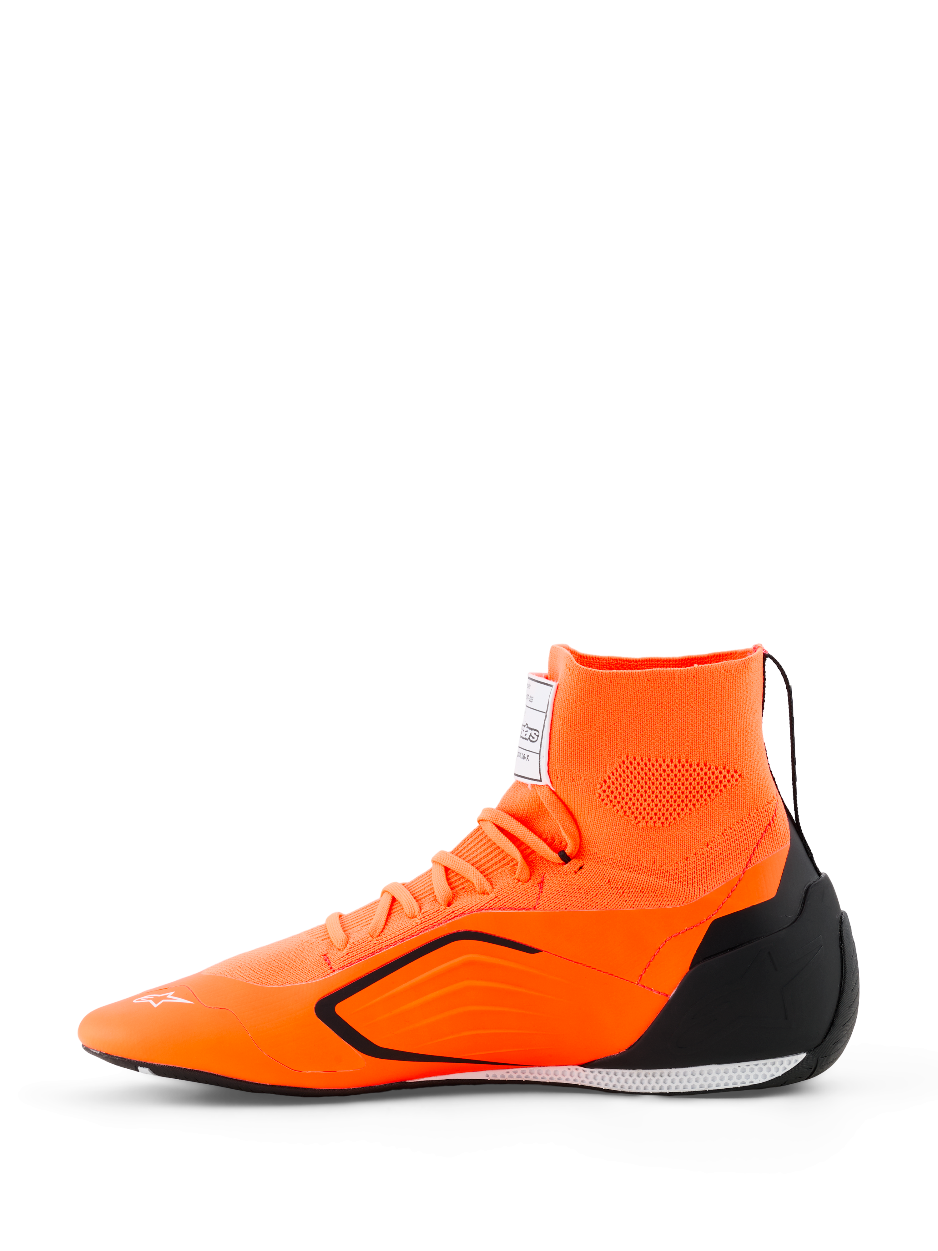 Alpinestars Supertech K Shoes - FIA, zapatos de carreras para karting, naranja flúor, negro y blanco, vista lateral con parte superior de punto sin costuras, cuello del tobillo integrado, contrafuerte del talón de TPU negro y suela de alto rendimiento ultrafina.