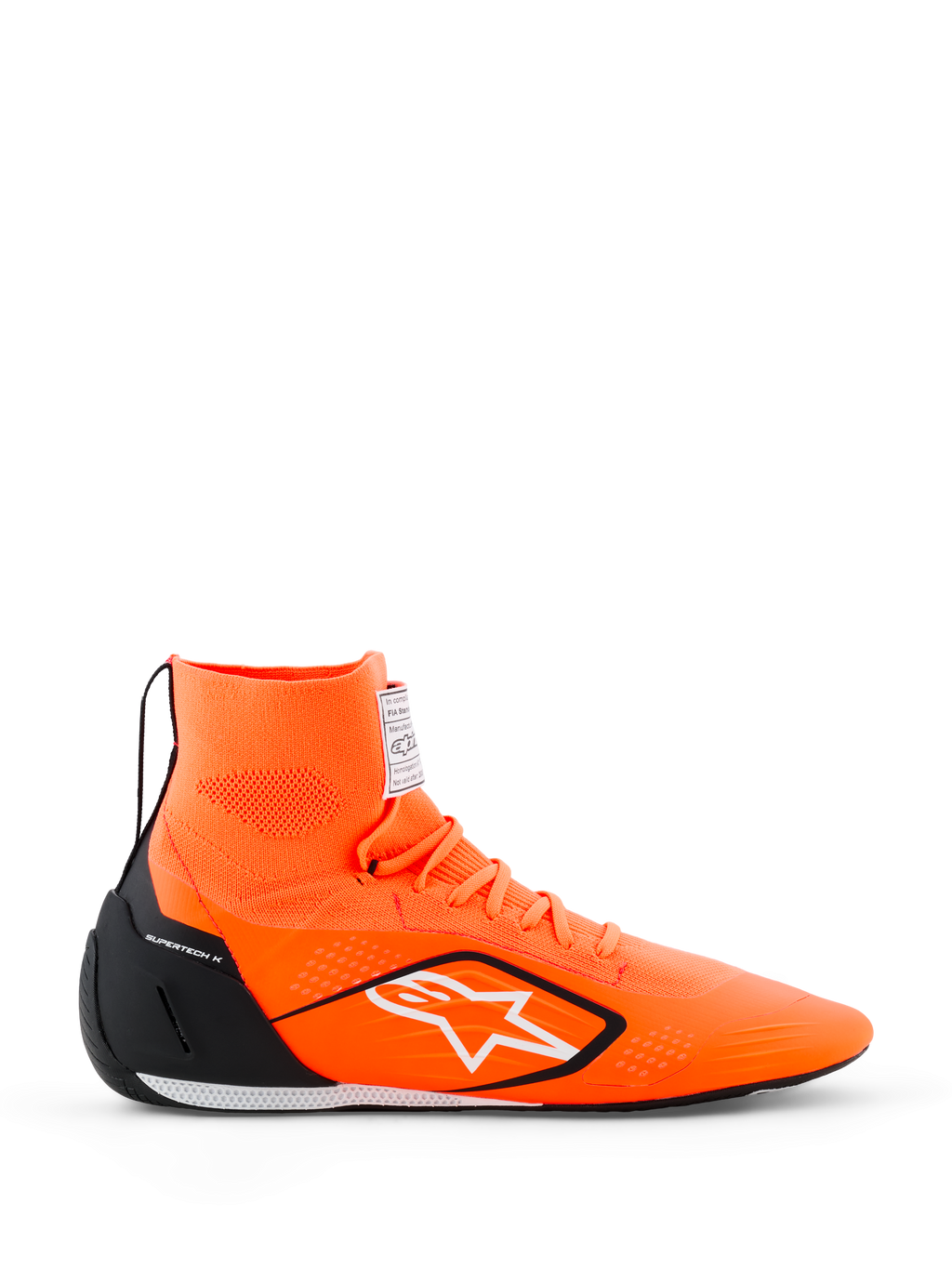 Alpinestars Supertech K Shoes - FIA, zapatos de carreras para karting, naranja flúor con detalles en negro y blanco, construcción de punto de caña alta con logo de estrella blanca, contrafuerte de talón de TPU negro, suela de carreras ultrafina, vista de perfil lateral