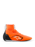 Alpinestars Supertech K Shoes - FIA, zapatos de carreras para karting, naranja flúor con detalles en negro y blanco, construcción de punto de caña alta con logo de estrella blanca, contrafuerte de talón de TPU negro, suela de carreras ultrafina, vista de perfil lateral