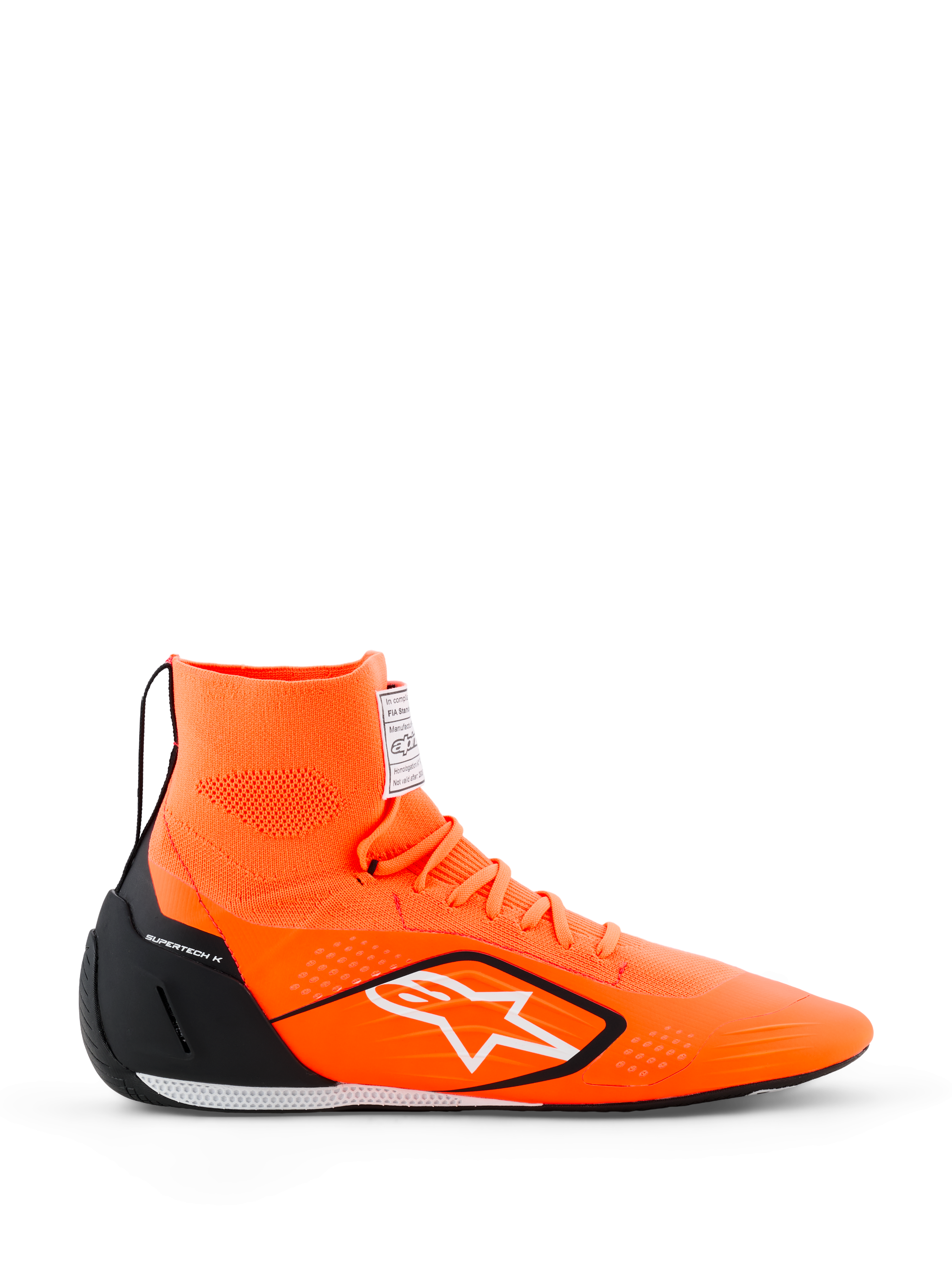 Alpinestars Supertech K Shoes - FIA, zapatos de carreras para karting, naranja flúor con detalles en negro y blanco, construcción de punto de caña alta con logo de estrella blanca, contrafuerte de talón de TPU negro, suela de carreras ultrafina, vista de perfil lateral