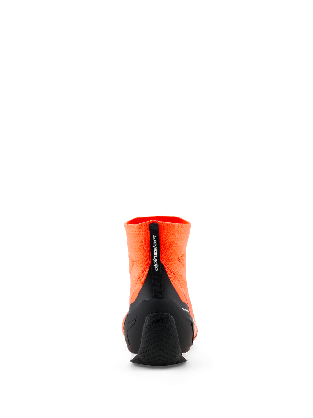 Alpinestars Supertech K Shoes - FIA, zapatos de karting, naranja fluo y negro, vista trasera que muestra la parte superior tejida, contrafuerte de talón de TPU inyectado negro y tirador vertical con la marca Alpinestars, calzado profesional para deportes de motor.