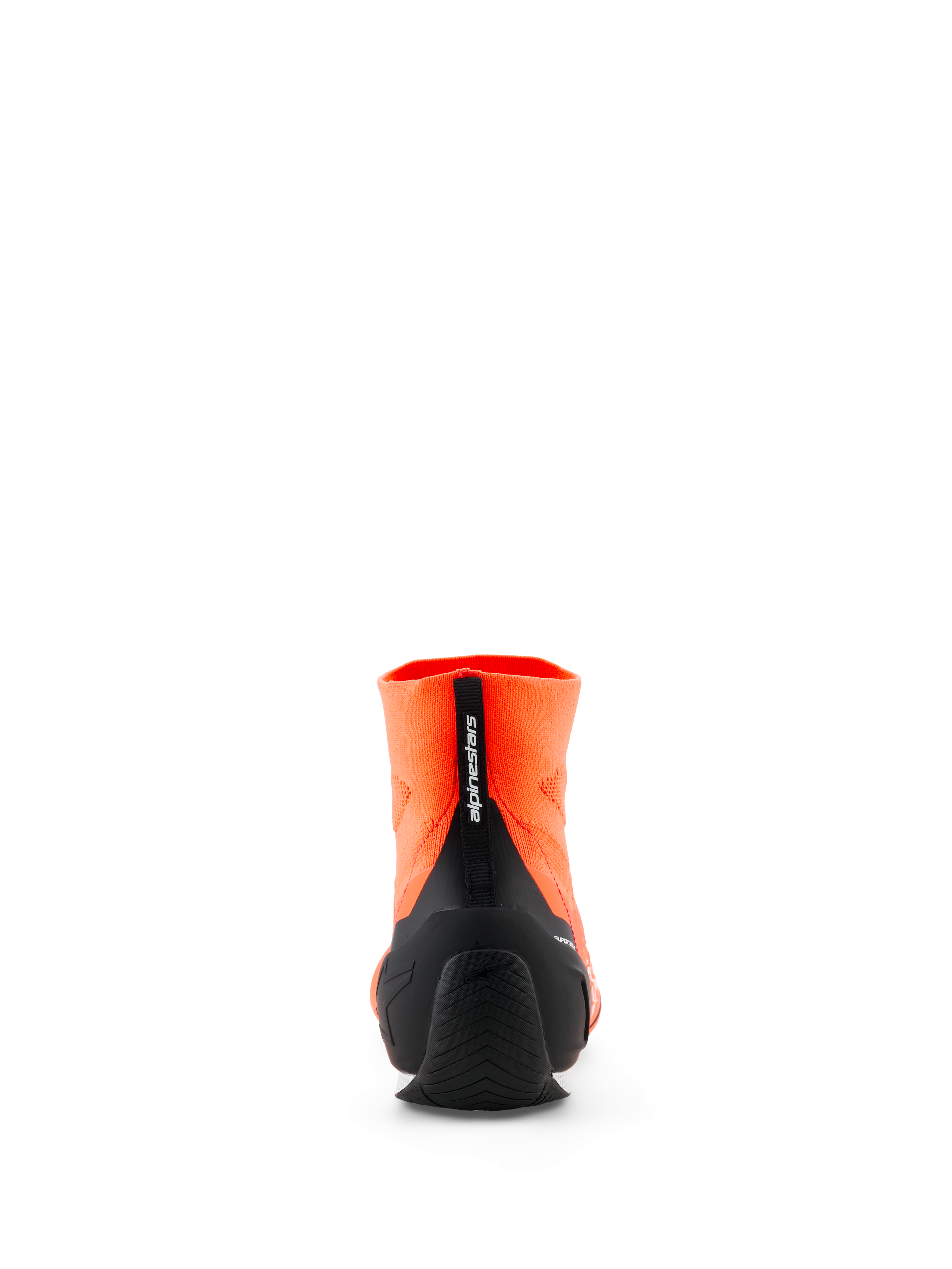 Alpinestars Supertech K Shoes - FIA, zapatos de karting, naranja fluo y negro, vista trasera que muestra la parte superior tejida, contrafuerte de talón de TPU inyectado negro y tirador vertical con la marca Alpinestars, calzado profesional para deportes de motor.