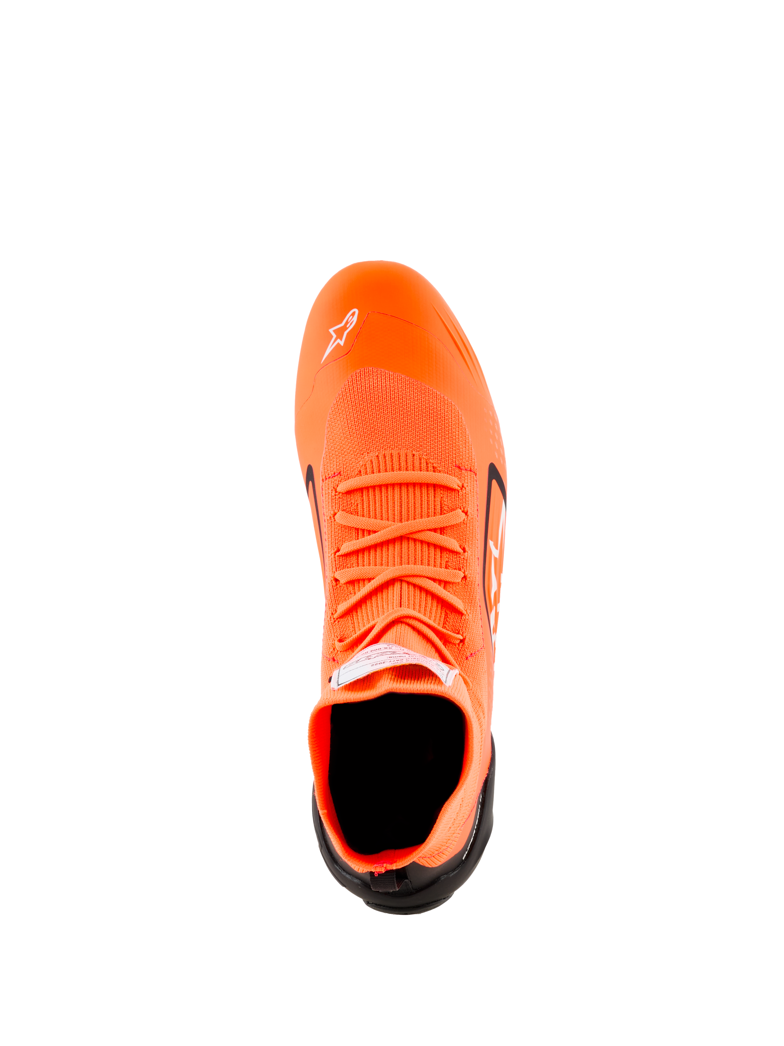 Alpinestars Supertech K Shoes - FIA, zapatos de karting, naranja flúor, negro y blanco, vista superior que muestra la construcción superior tejida, cordones naranjas, logotipo Astars blanco en la puntera y contrafuerte del talón negro