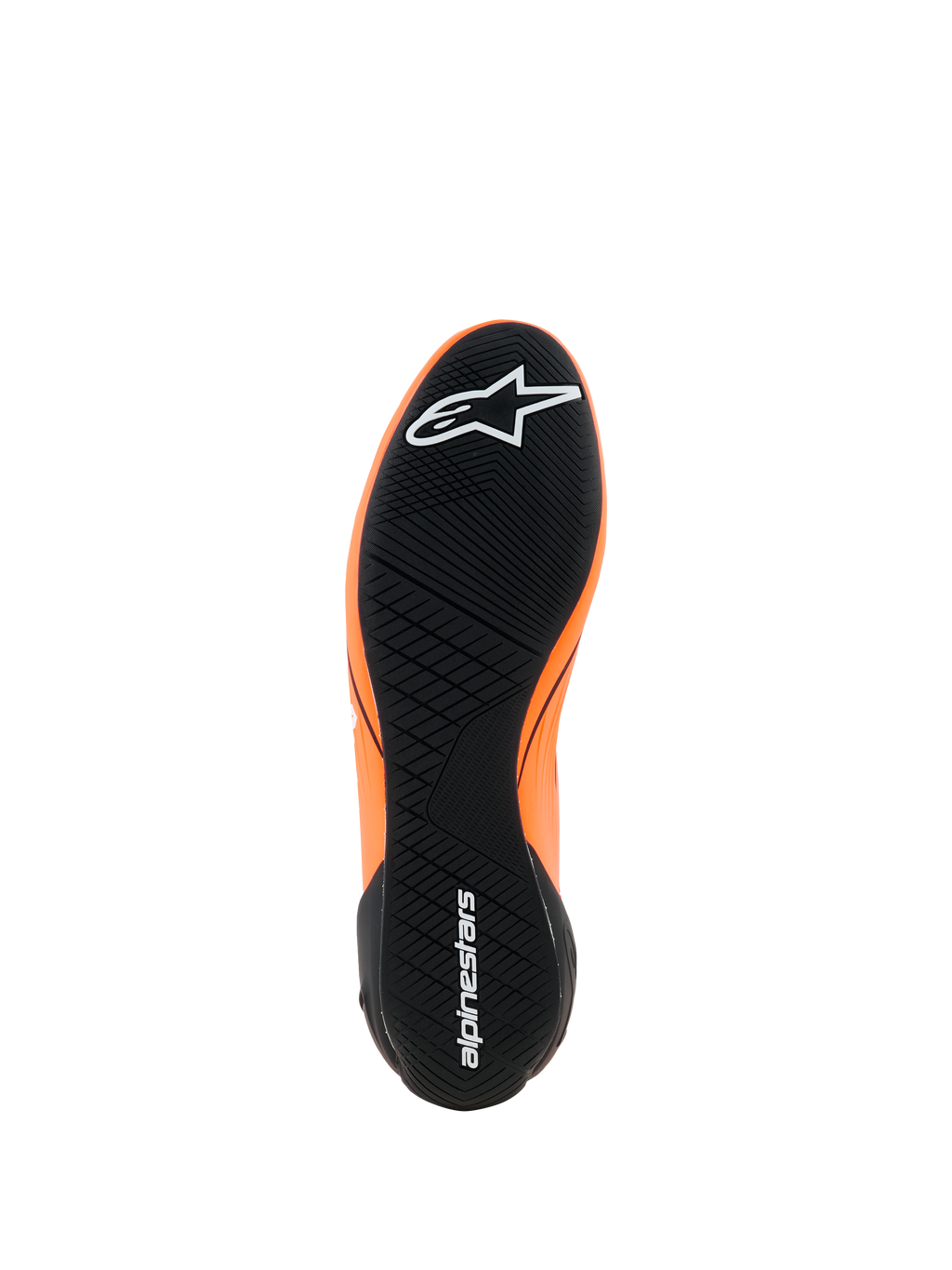 Alpinestars Supertech K Shoes - FIA, zapatos de karting, naranja flúor, negro y blanco, vista de la suela de goma negra con dibujo asimétrico, logotipos de Alpinestars blancos en la punta y el talón, suela de alto rendimiento ultrafina