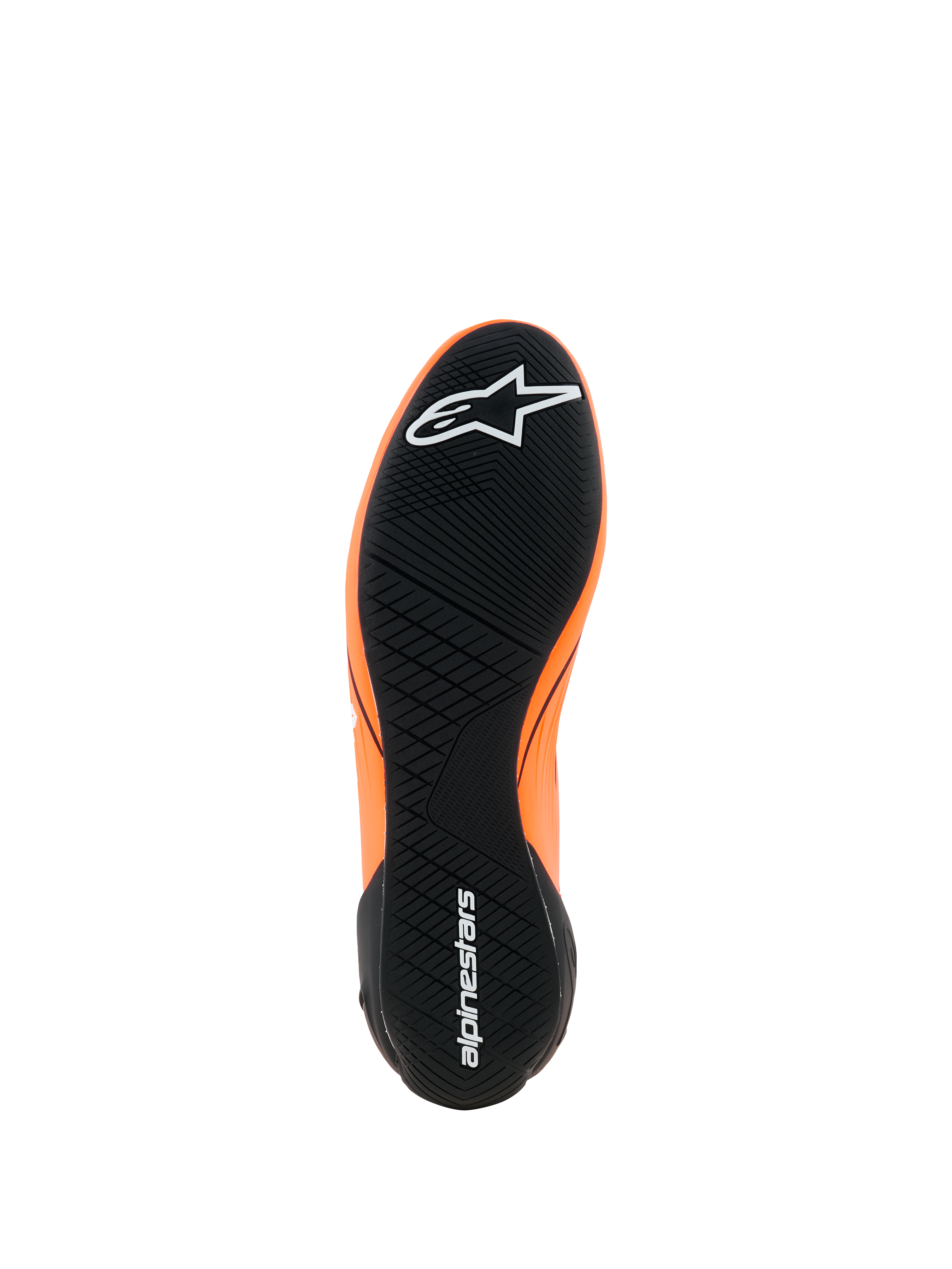 Alpinestars Supertech K Shoes - FIA, zapatos de karting, naranja flúor, negro y blanco, vista de la suela de goma negra con dibujo asimétrico, logotipos de Alpinestars blancos en la punta y el talón, suela de alto rendimiento ultrafina