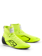 Zapatos Supertech K de Alpinestars, calzado para karting, amarillo fluo, negro y blanco, con parte superior tejida en amarillo neón brillante, logotipo de estrella en negro, contrafuerte de talón de TPU inyectado, etiqueta blanca de la FIA en la lengüeta y diseño aerodinámico de automovilismo